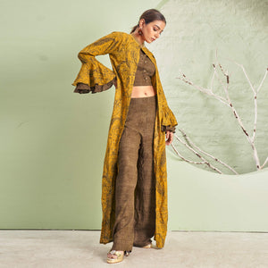 Mustard & Brown Printed Rayon Palazzo Suit With Jacket