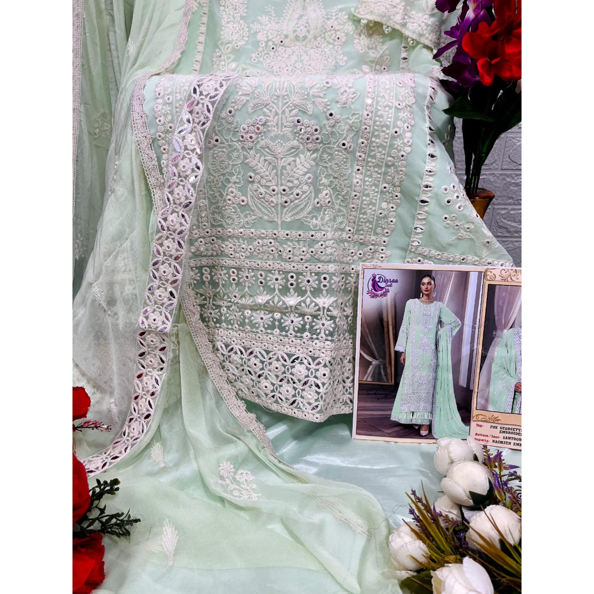 Light Pista Floral Embroidered Georgette Pakistani Suit