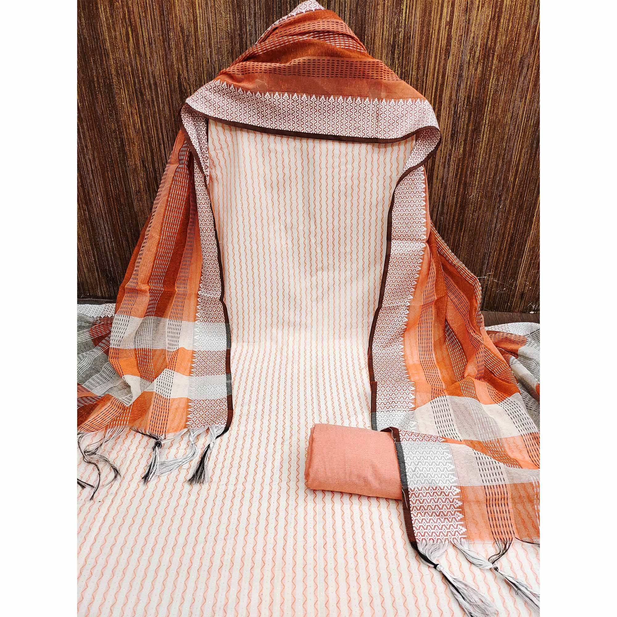 Peach Striped Printed With Woven Cotton Blend Dress Material