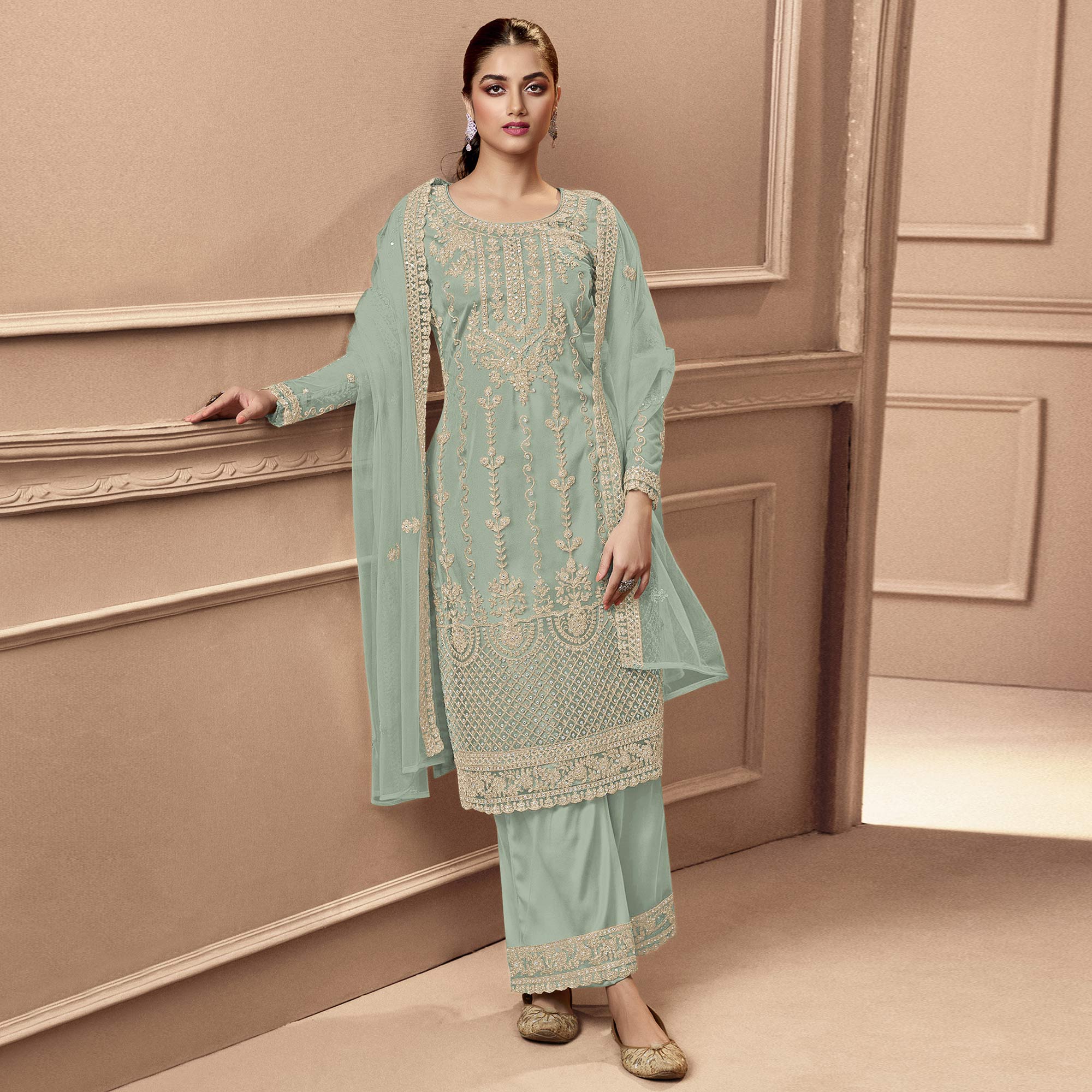 Green Floral Embroidered Netted Pakistani Suit
