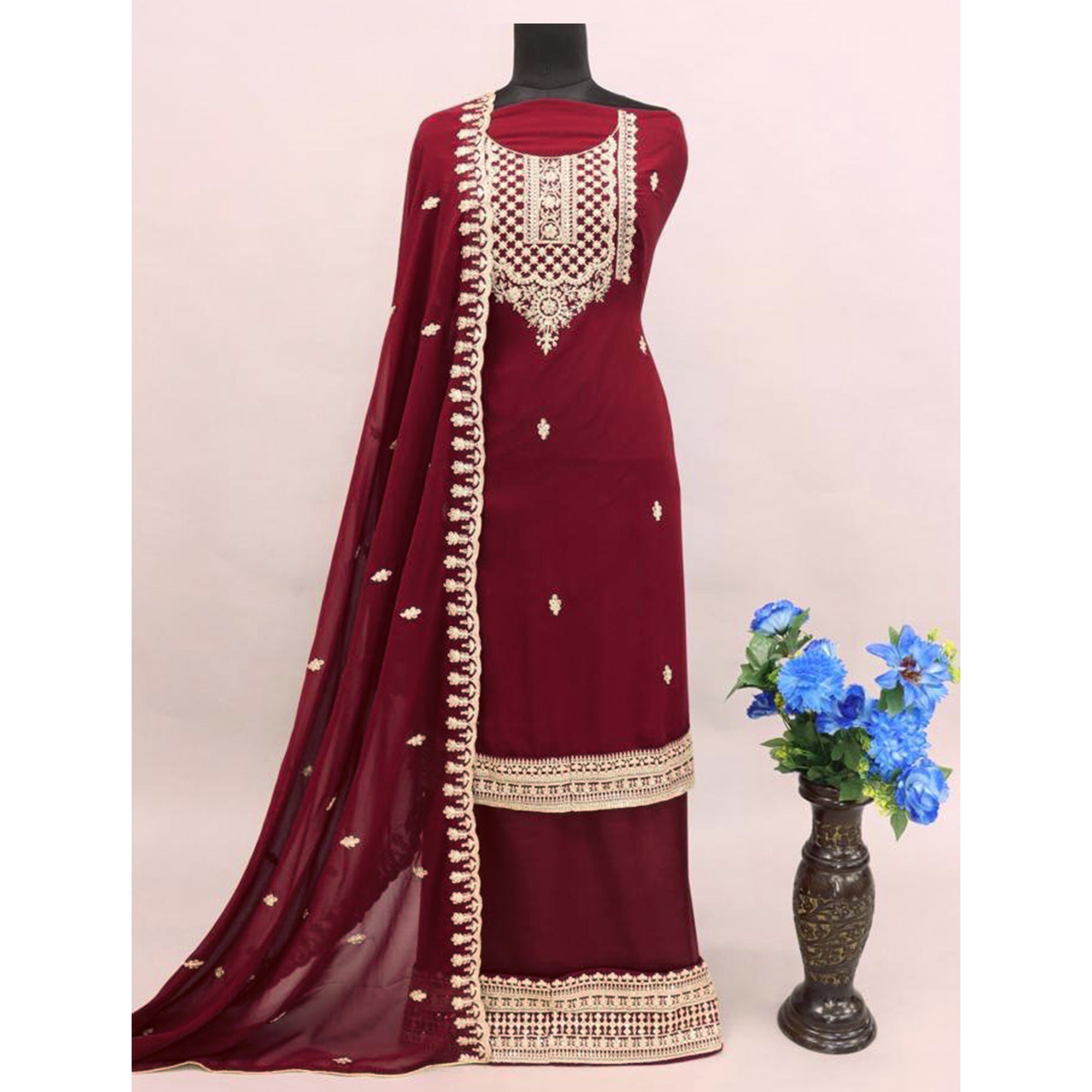 Red Sequins Embroidered Georgette Palazzo Suit