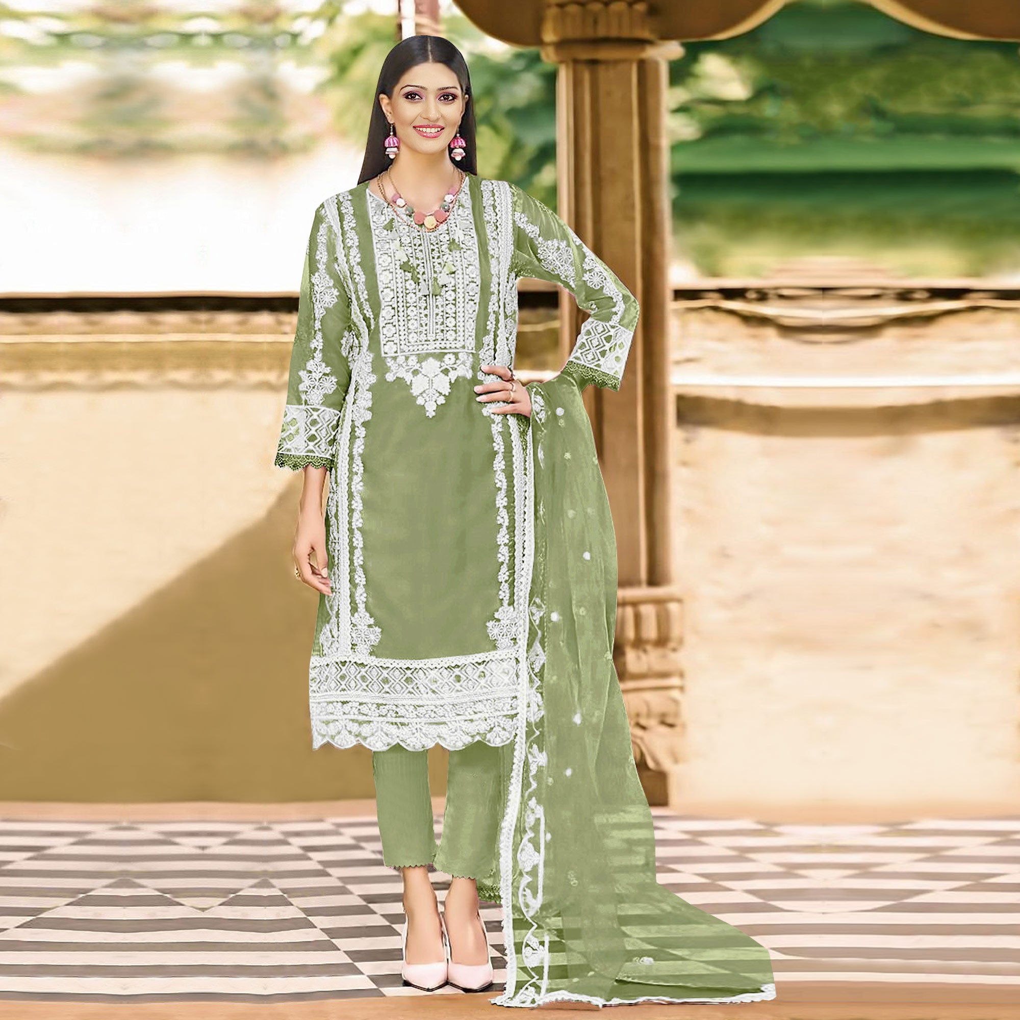 Green Floral Embroidered Organza Pakistani Suit