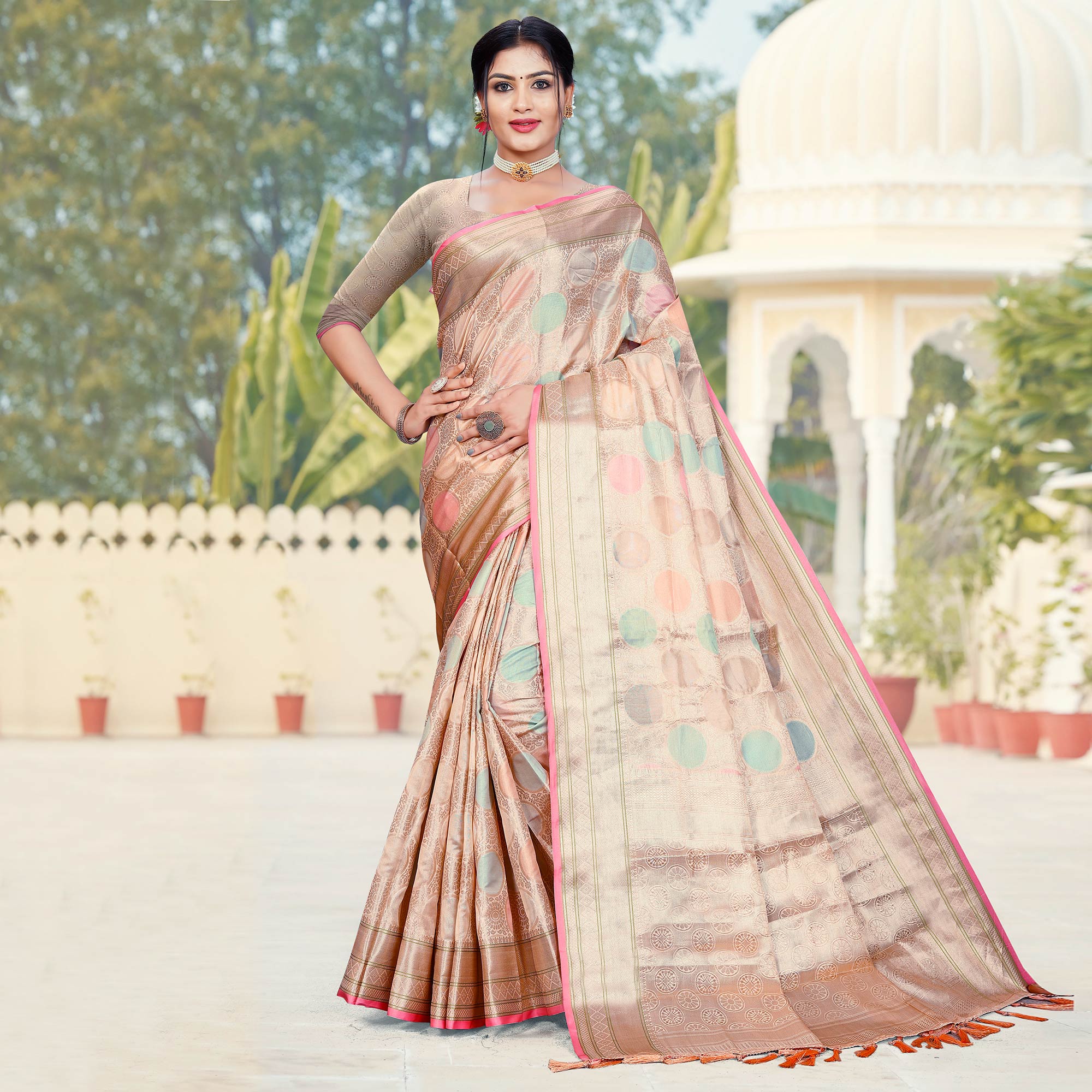 Peach Floral Woven Organza Saree With Tassels