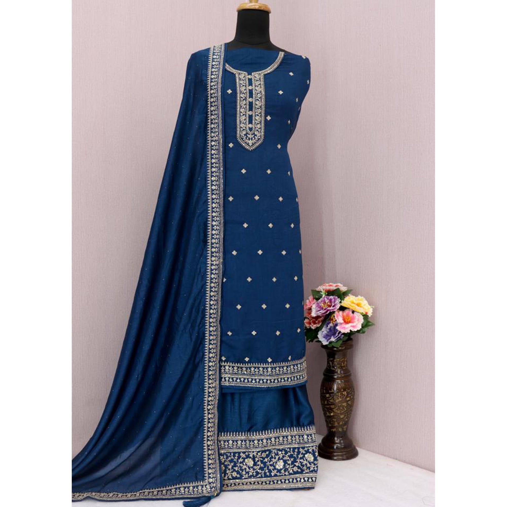 Blue Floral Embroidered Georgette Semi Stitched Palazzo Suit