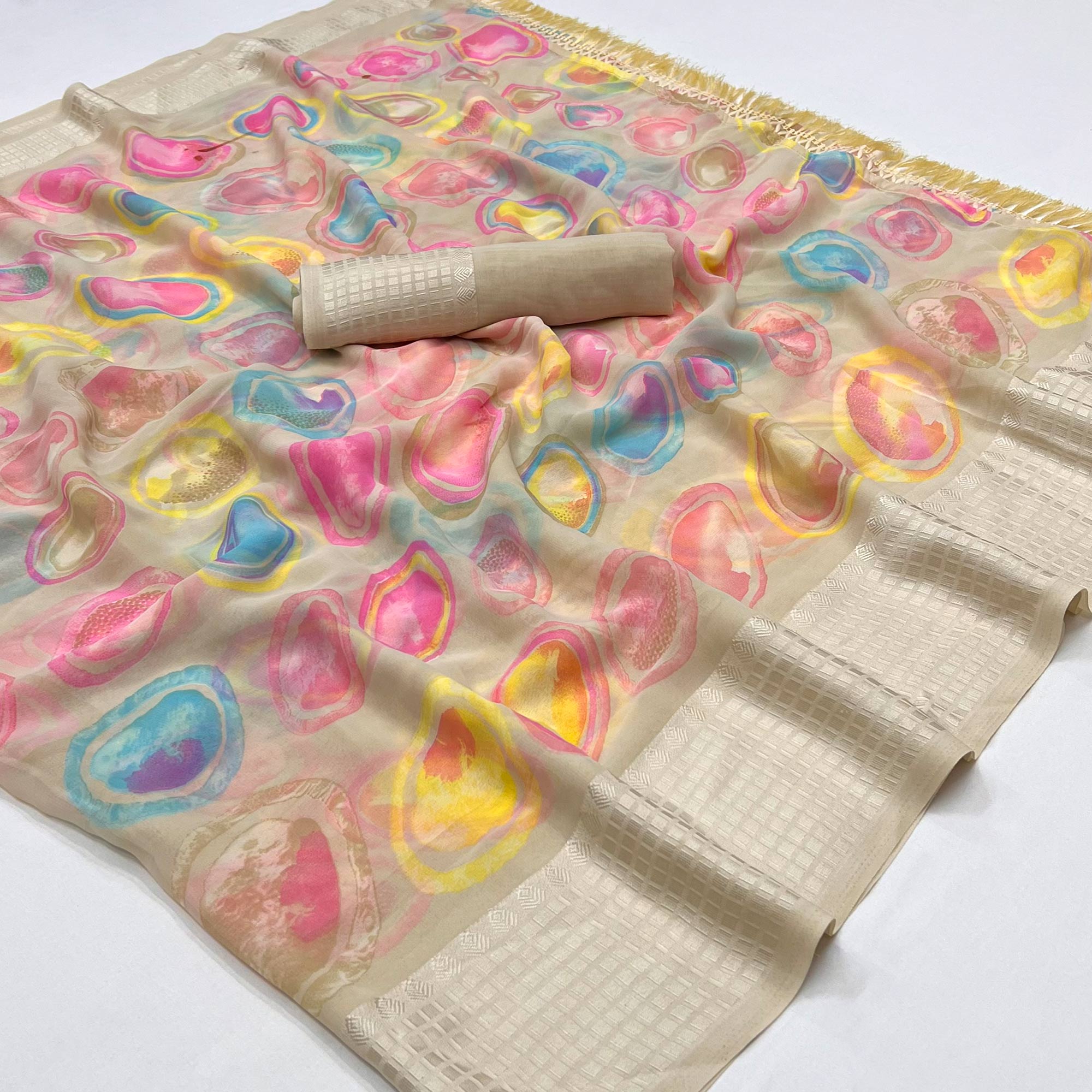 Chikoo Printed Georgette Saree With Tassels