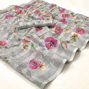 Grey Floral Digital Printed Cotton Silk Saree