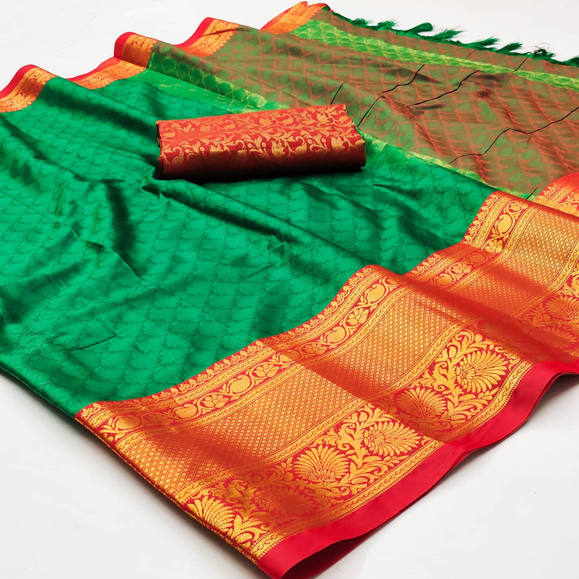 Green Printed And Woven Cotton Silk Saree With Tassels