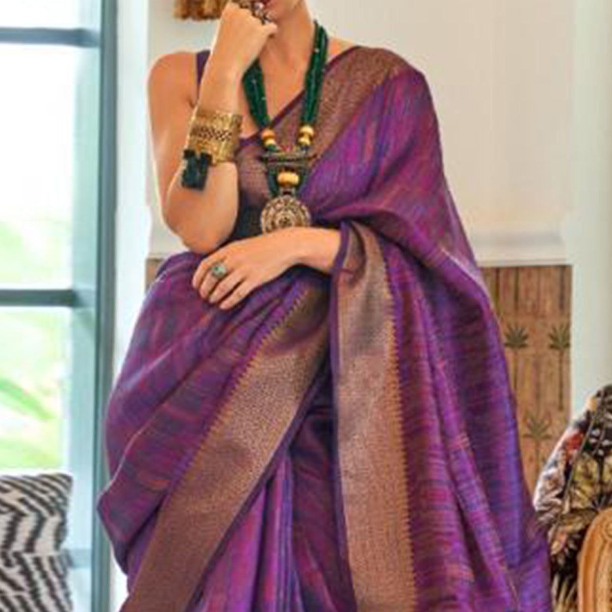 Purple Woven Organza Saree With Tassels