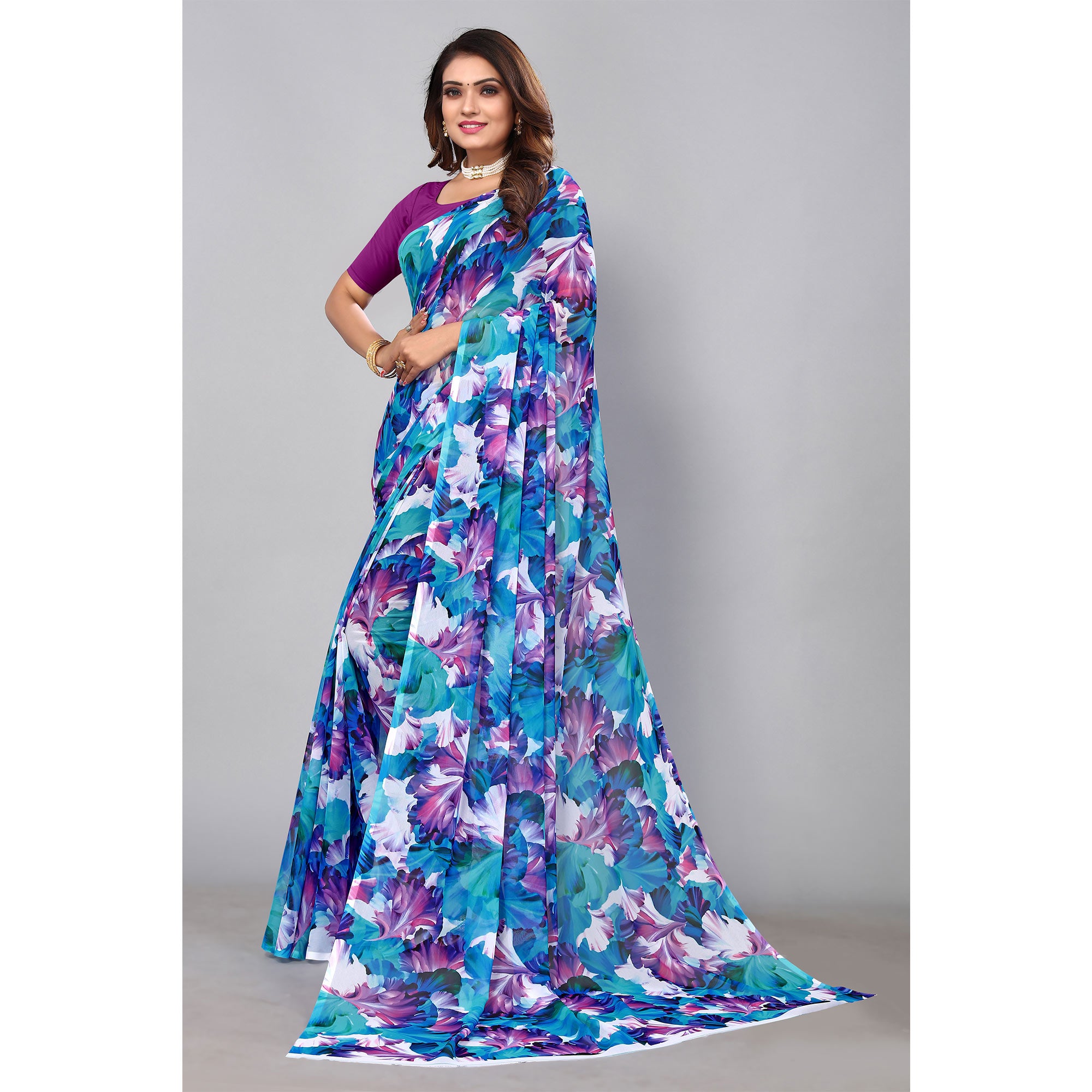 Blue Digital Printed Georgette Saree