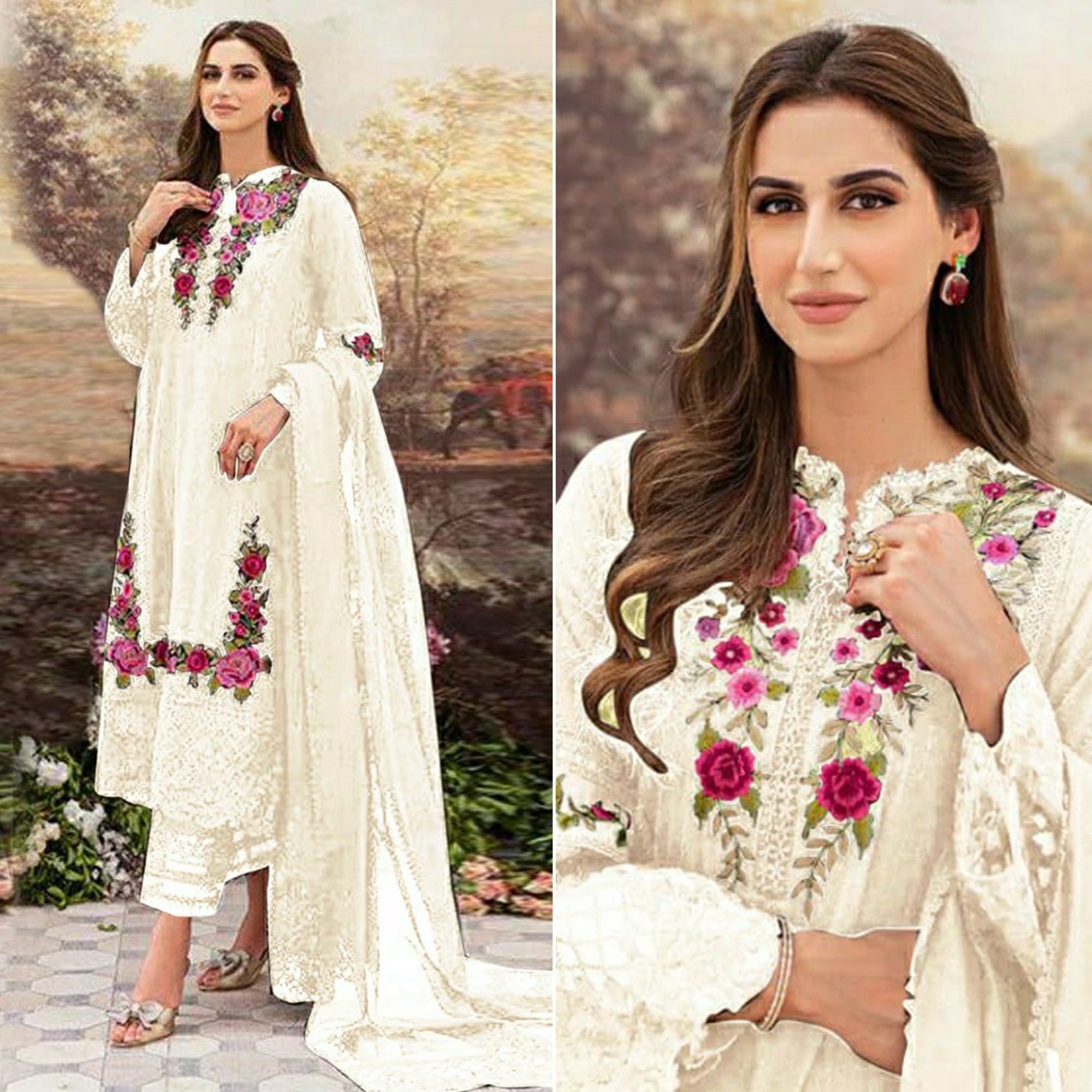 White Floral Embroidered Georgette Suit