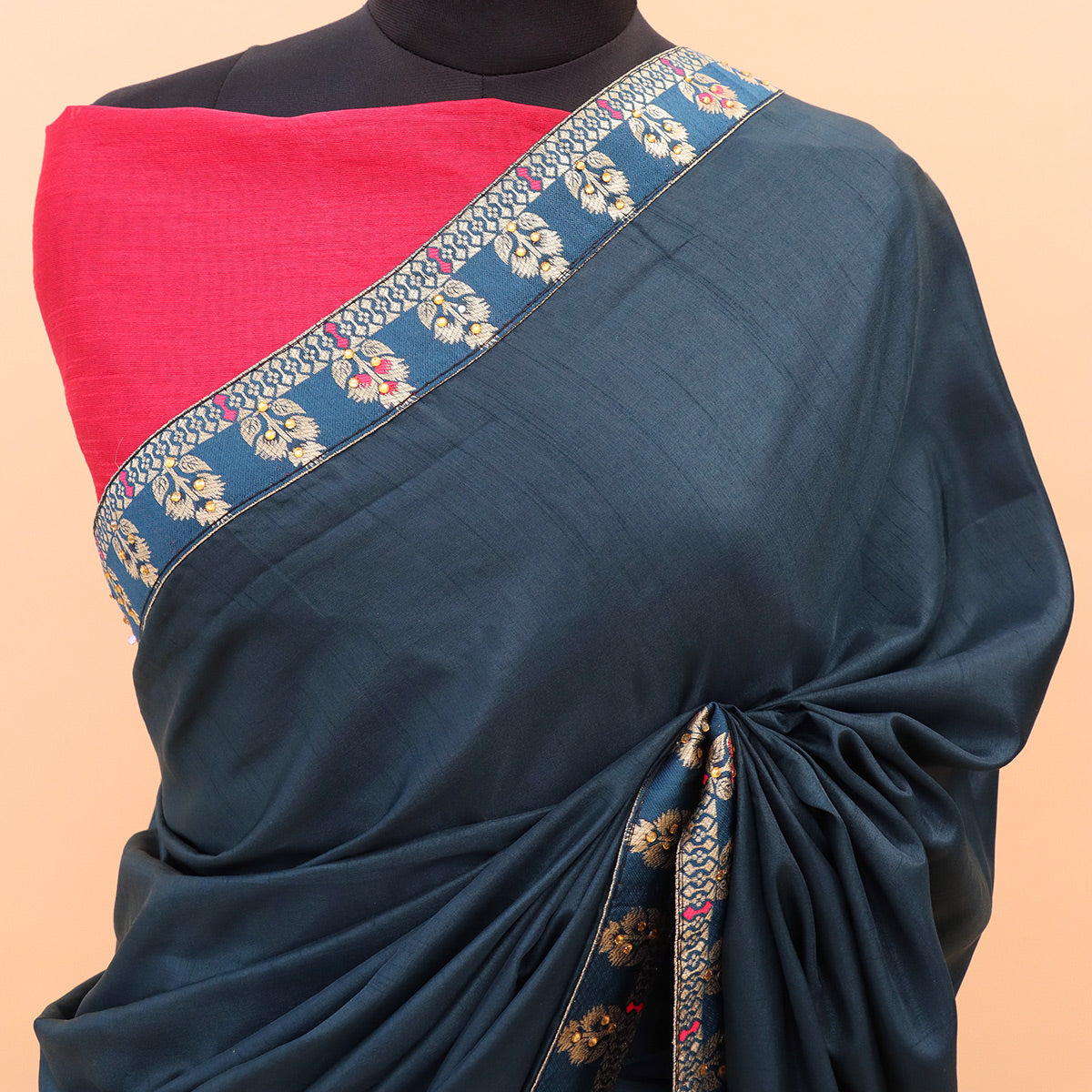 Darkish Blue Woven With Stone Work Art Silk Saree With Tassels