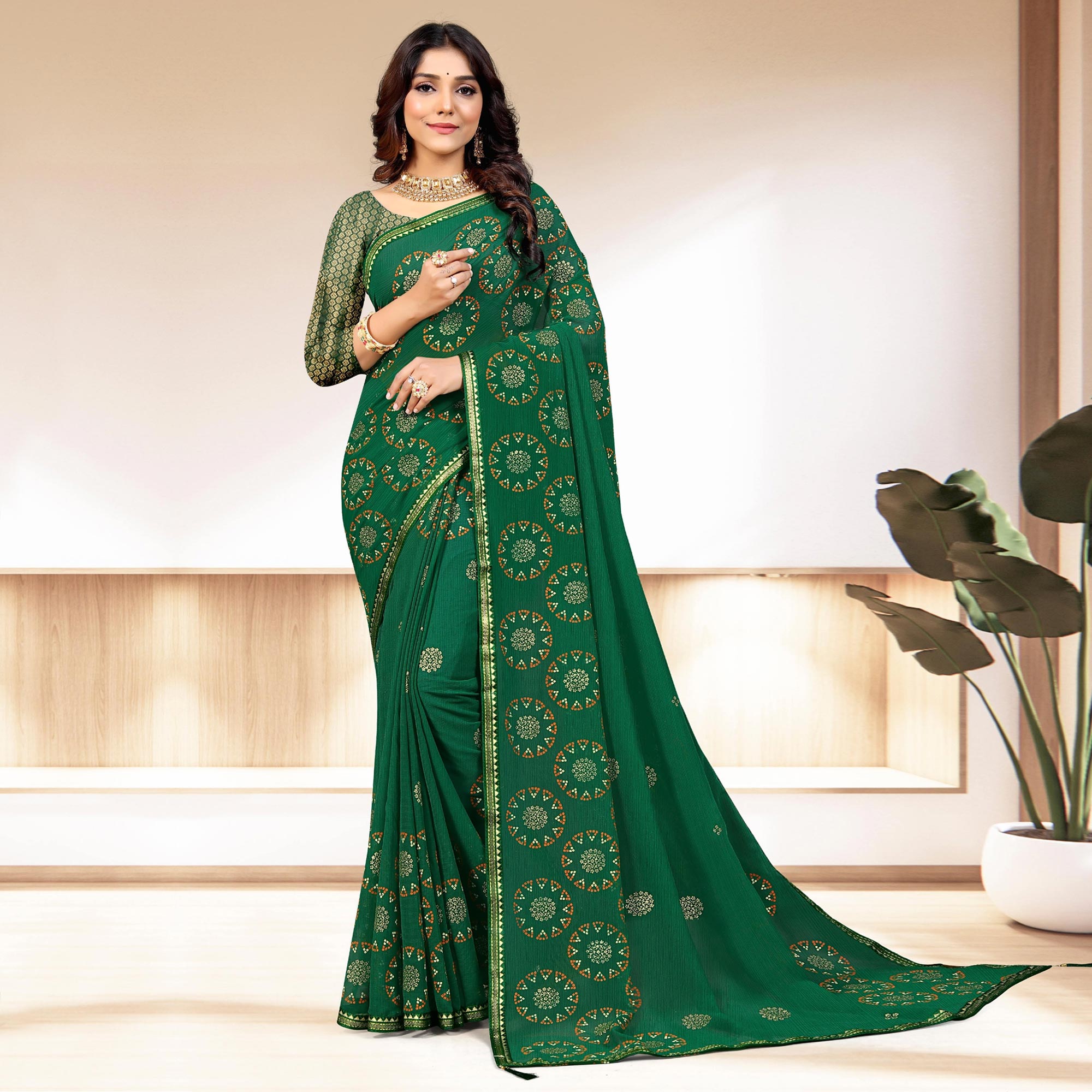 Green Bandhani Printed Chiffon Saree