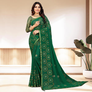 Green Bandhani Printed Chiffon Saree