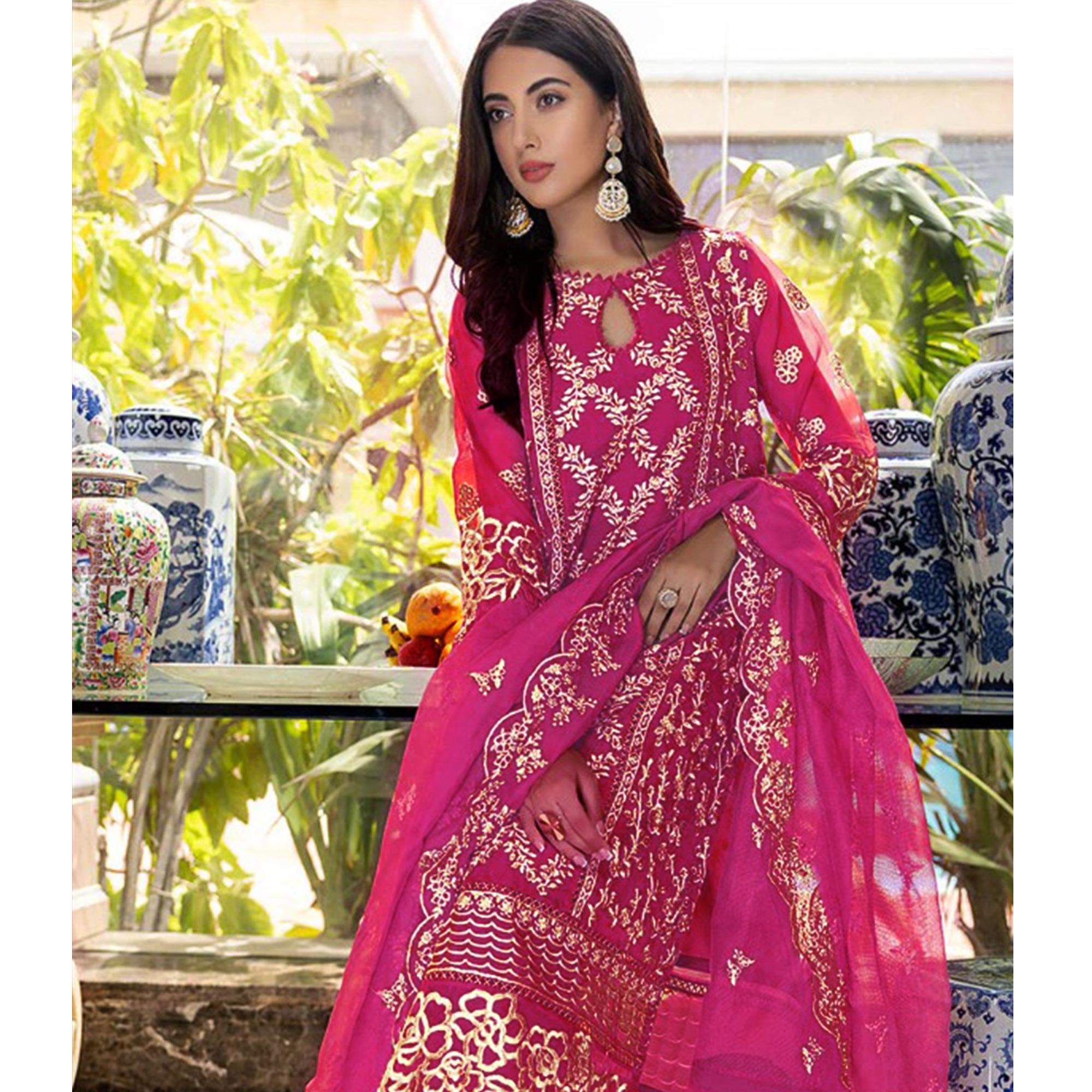 Rose Pink Floral Embroidered Georgette Salwar Suit