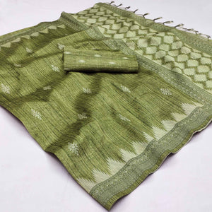 Green Printed Tussar Silk Saree With Tassels