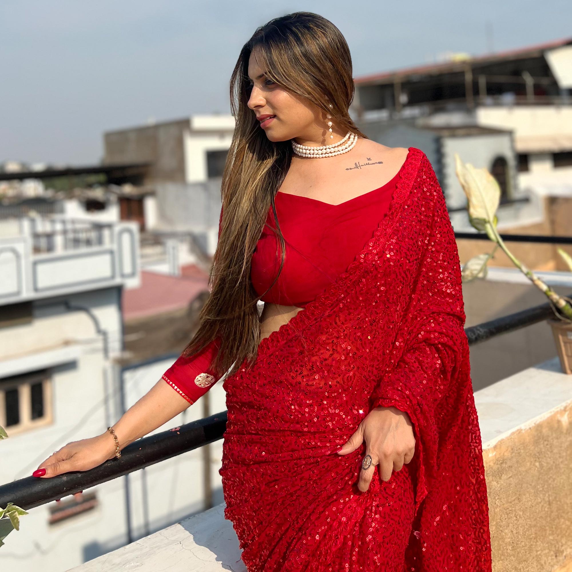 Red Sequins Embroidered Georgette Saree