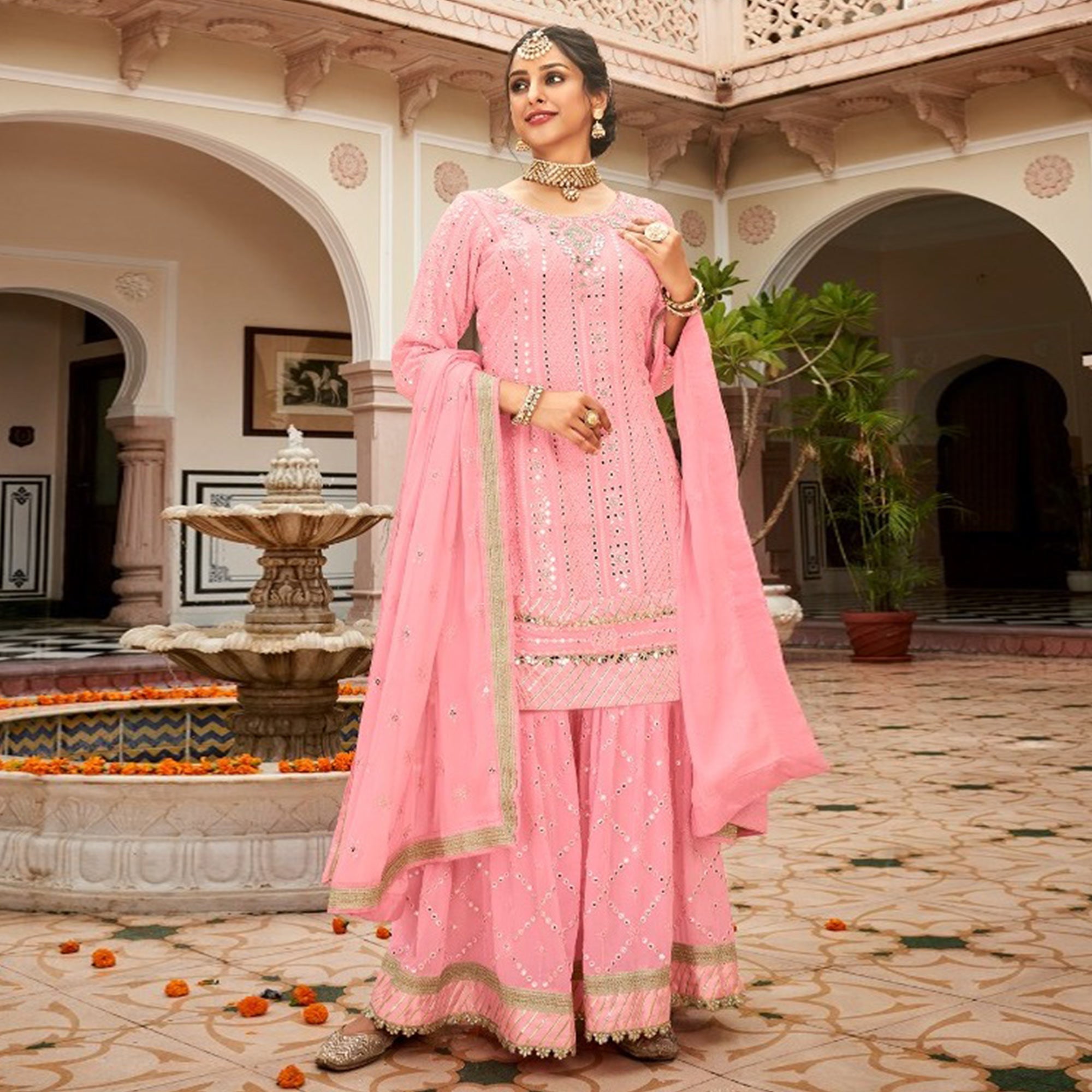 Pink Mirror Work Georgette Sharara Suit