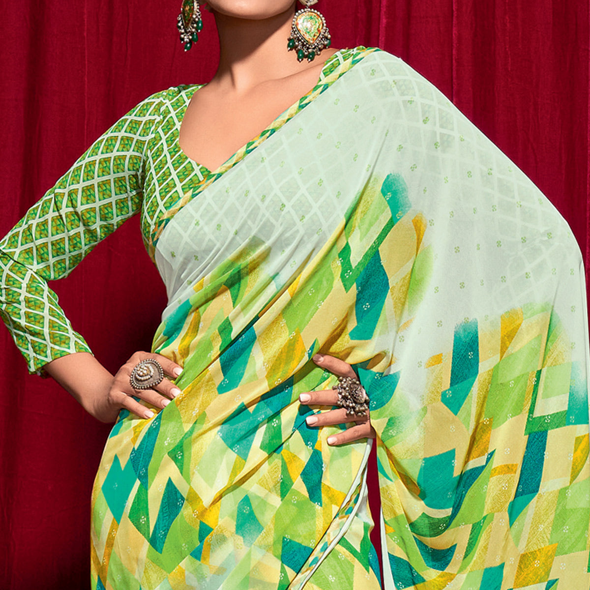 Green Printed Georgette Saree