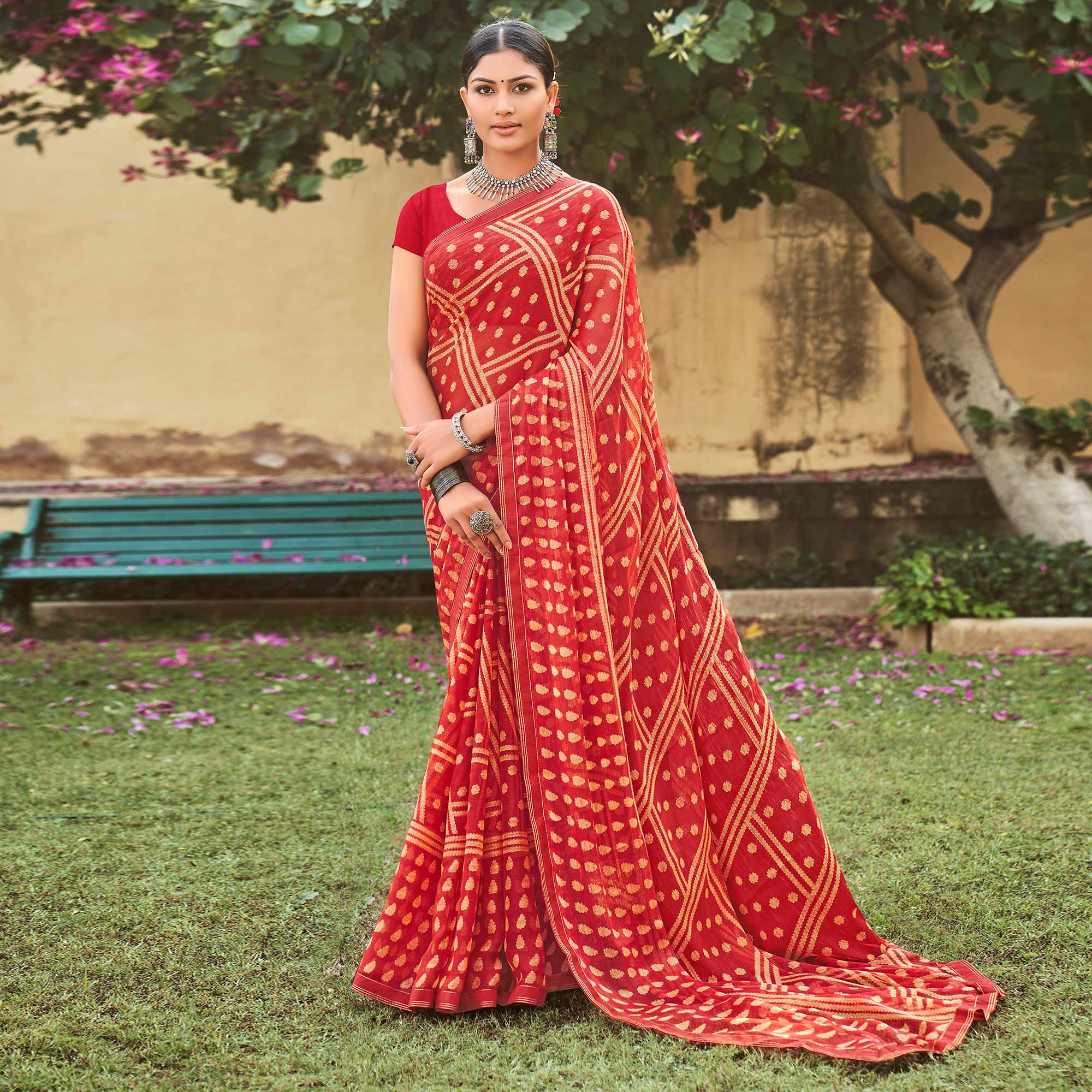 Red Printed Chiffon Saree