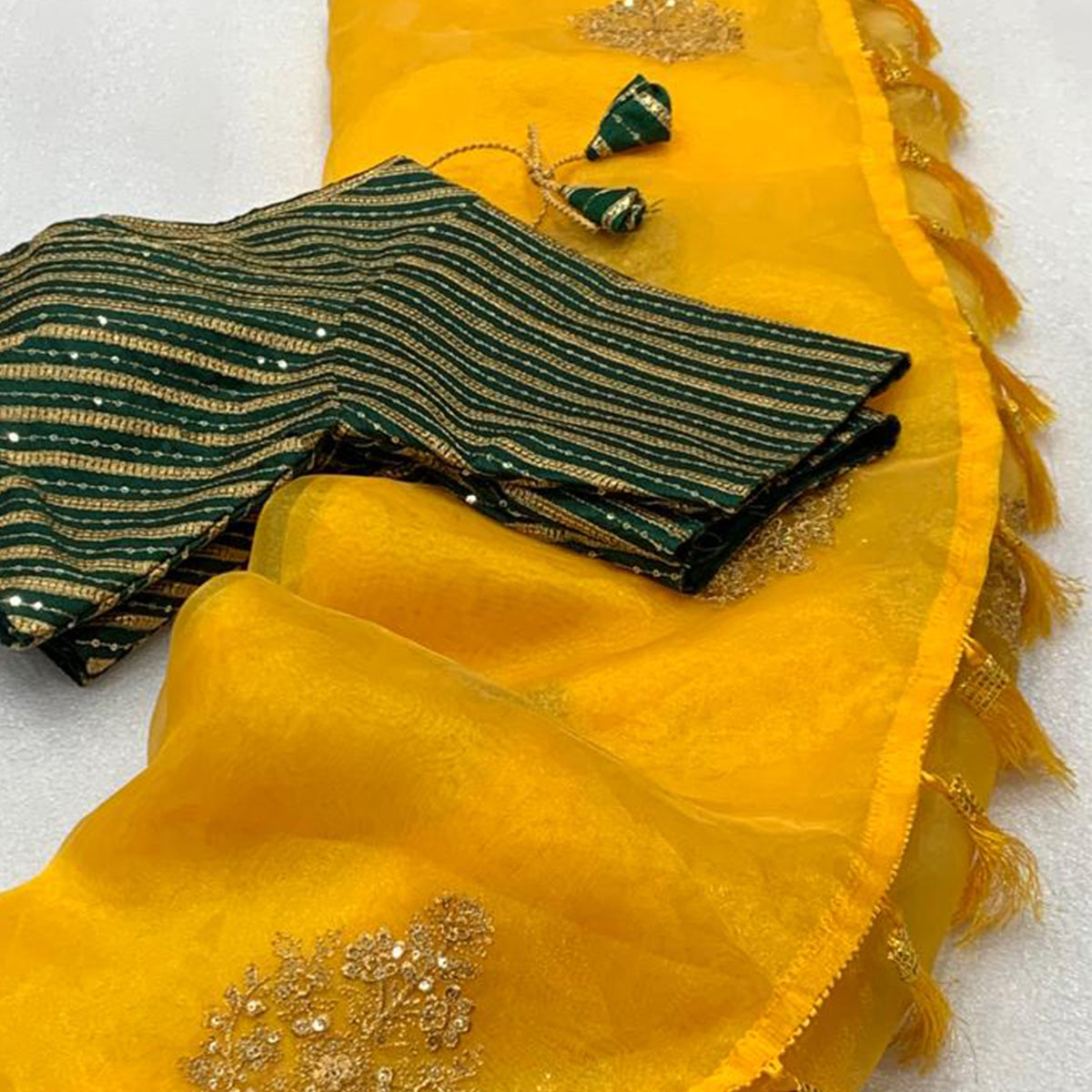 Yellow Sequins Floral Embroidered Organza Saree