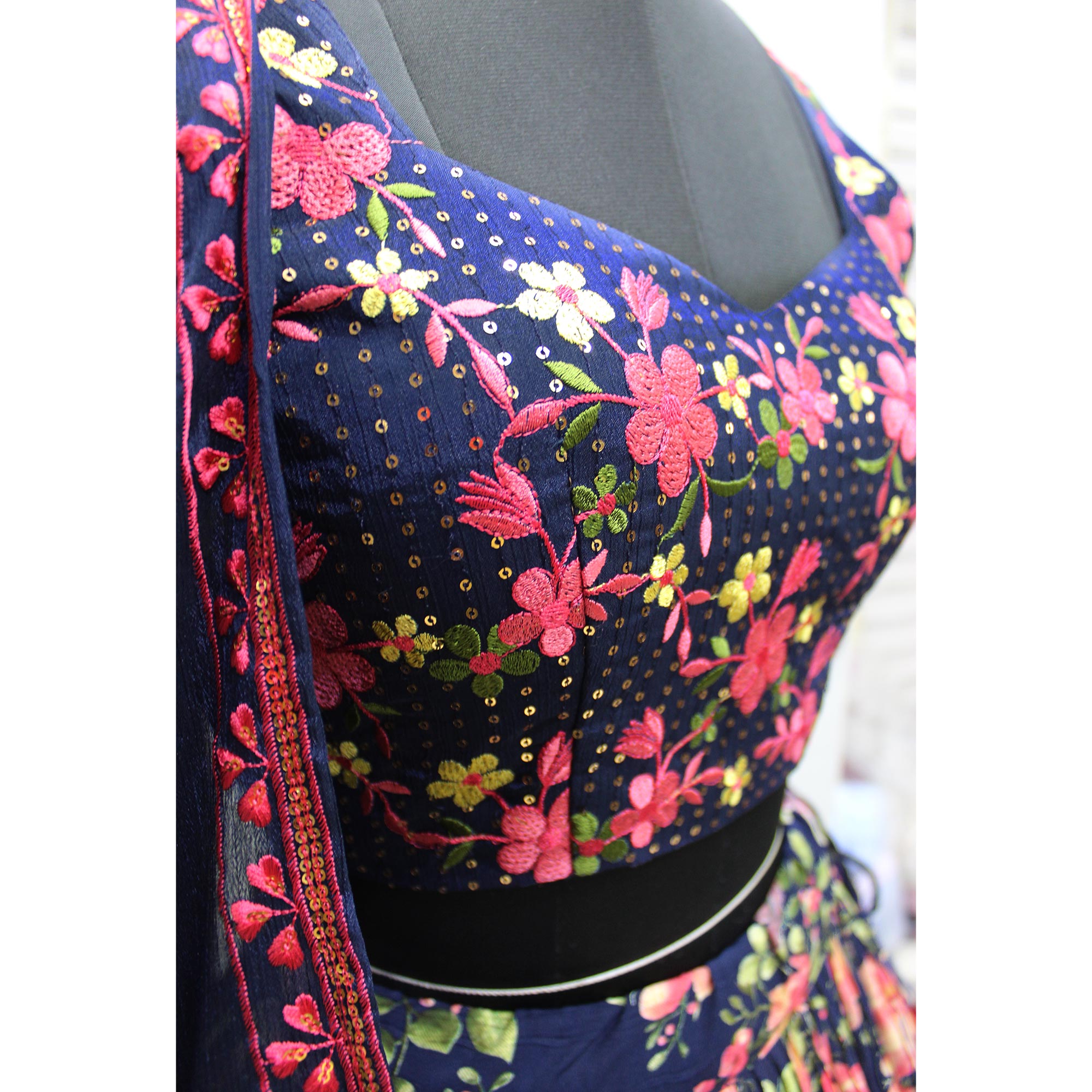 Navy Blue Floral Printed Art Silk Lehenga Choli