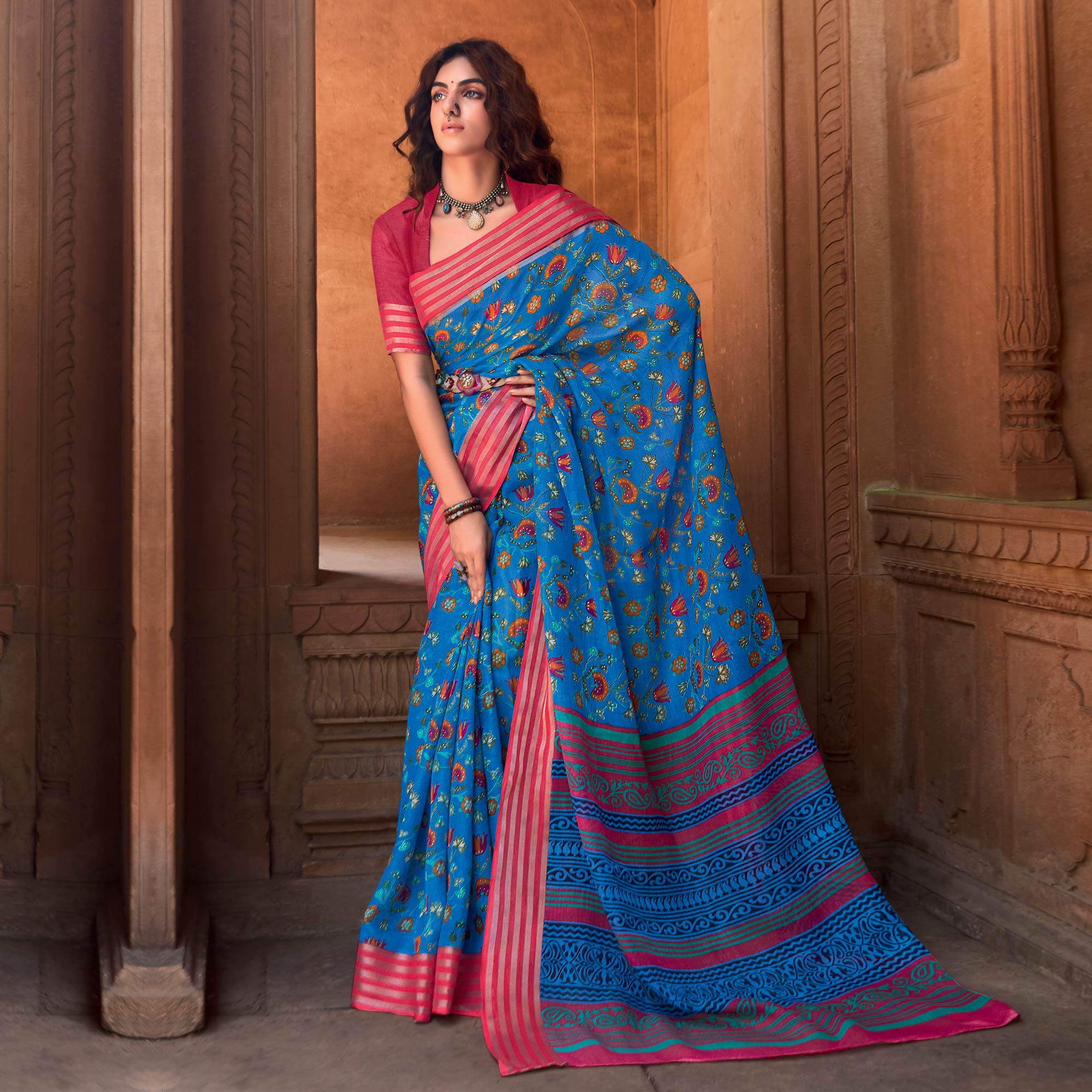 Blue Floral Printed Linen Saree