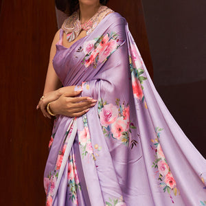 Light Purple Floral Digital Printed Satin Saree