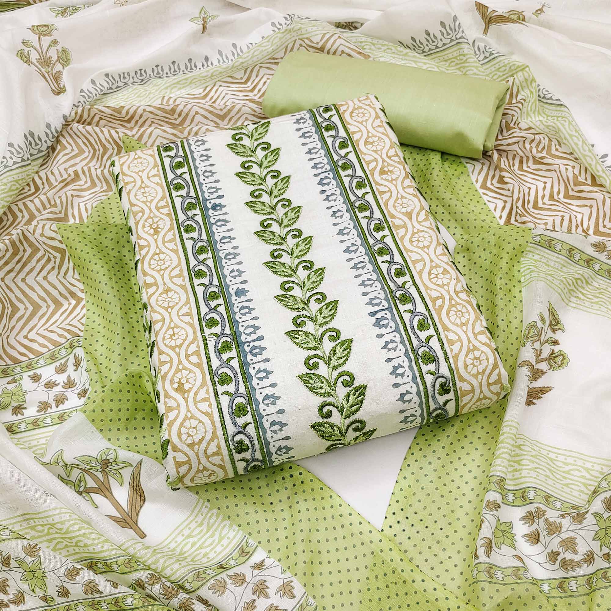 Green Floral Embroidered Pure Cotton Dress Material