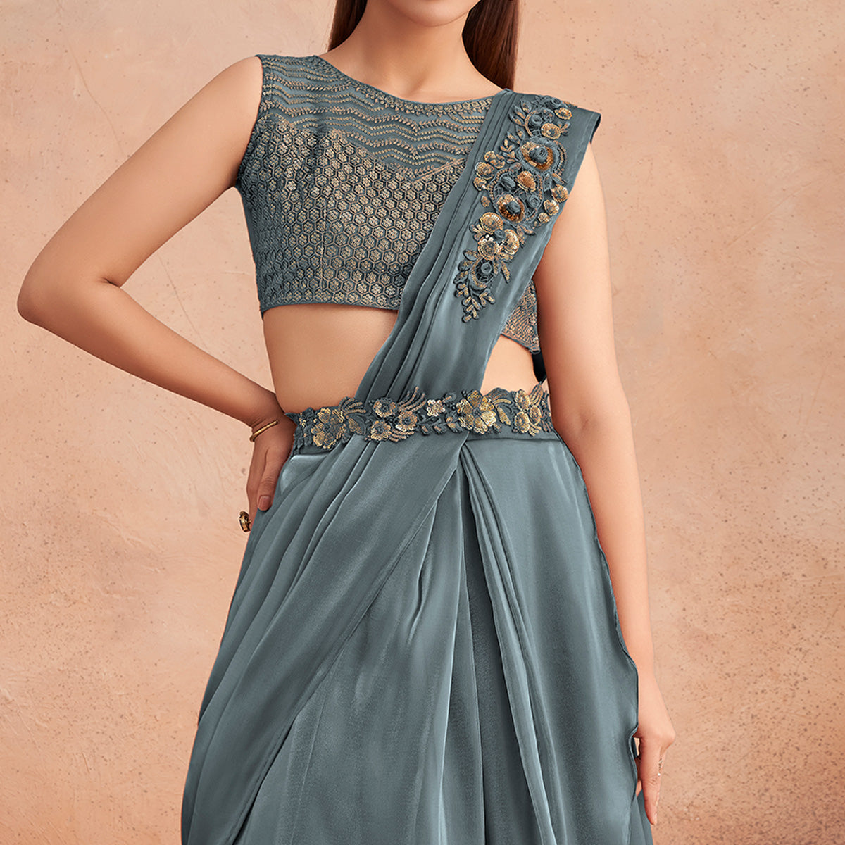 Grey Sequins Embroidered Ready to Wear Art Silk Saree