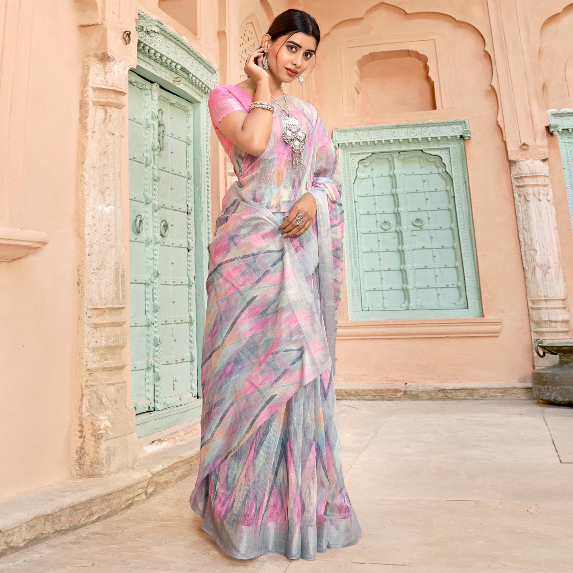 Grey Printed Cotton Blend Saree