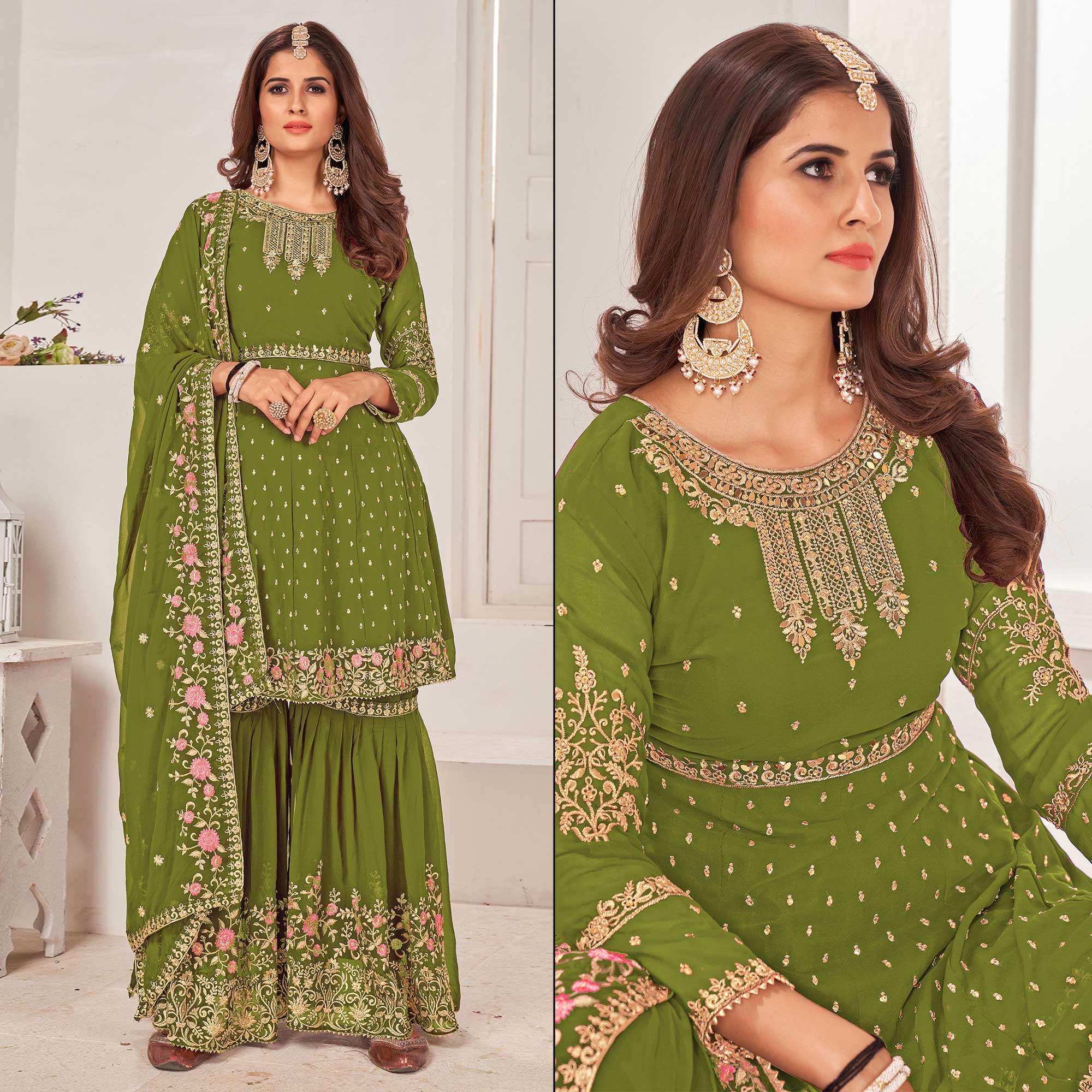 Mehendi Green Sequins Embroidered Georgette Sharara Suit