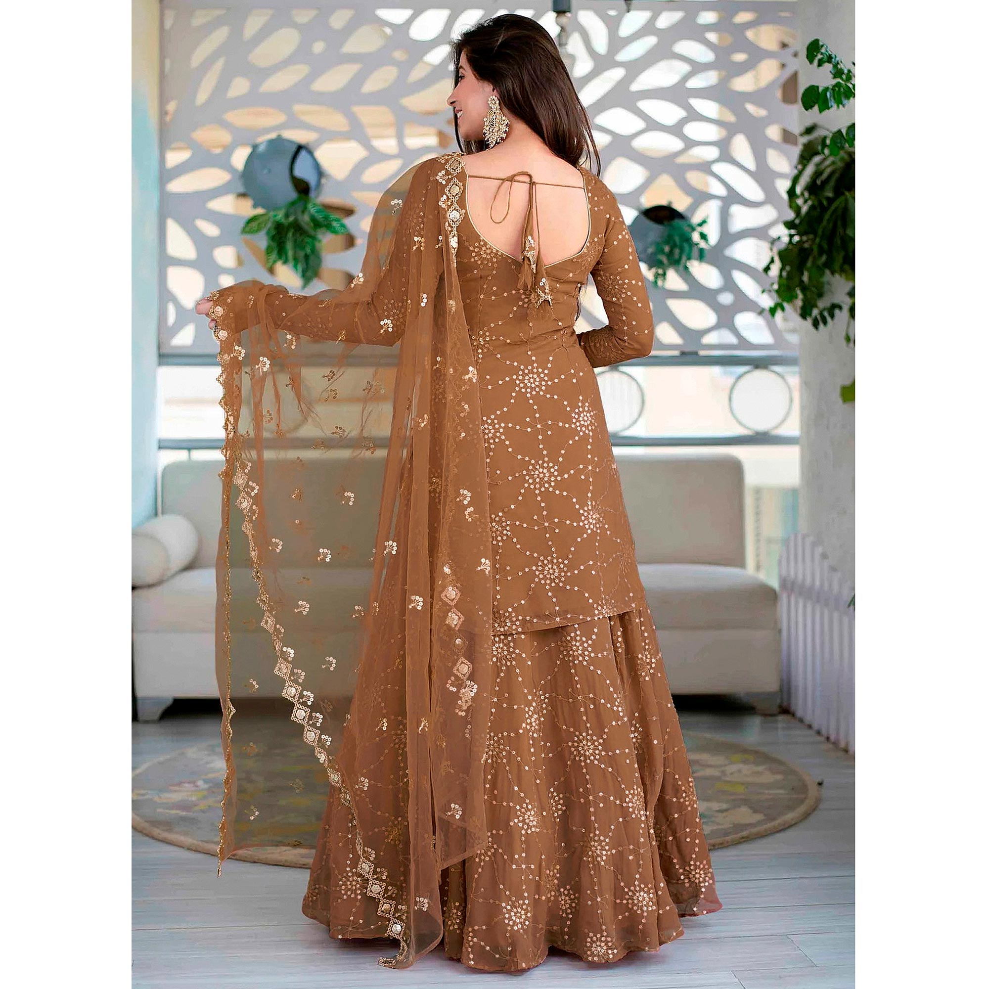 Brown Sequins Embroidered Georgette Semi Stitched Gharara Style Suit