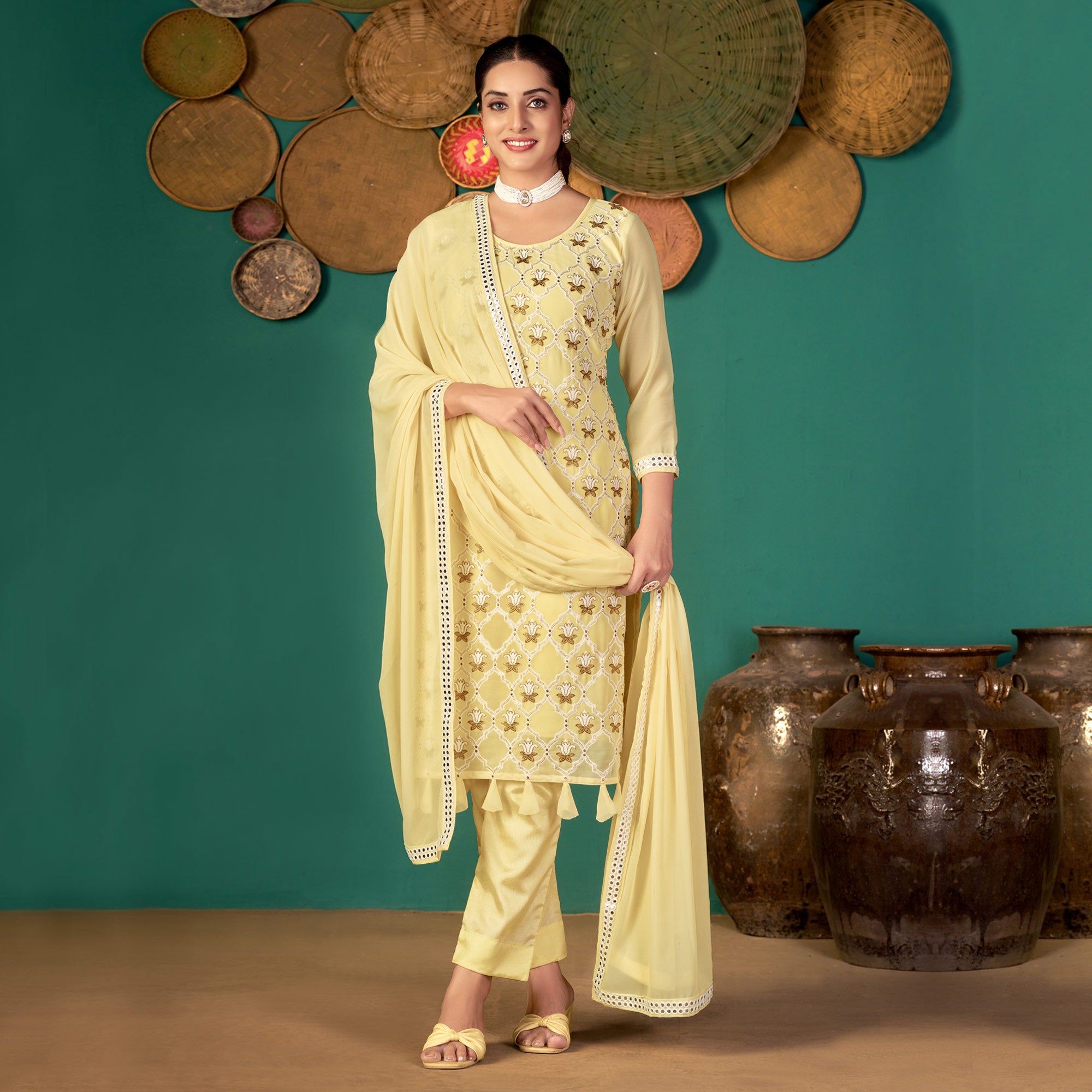 Yellow Floral Embroidered Georgette Suit