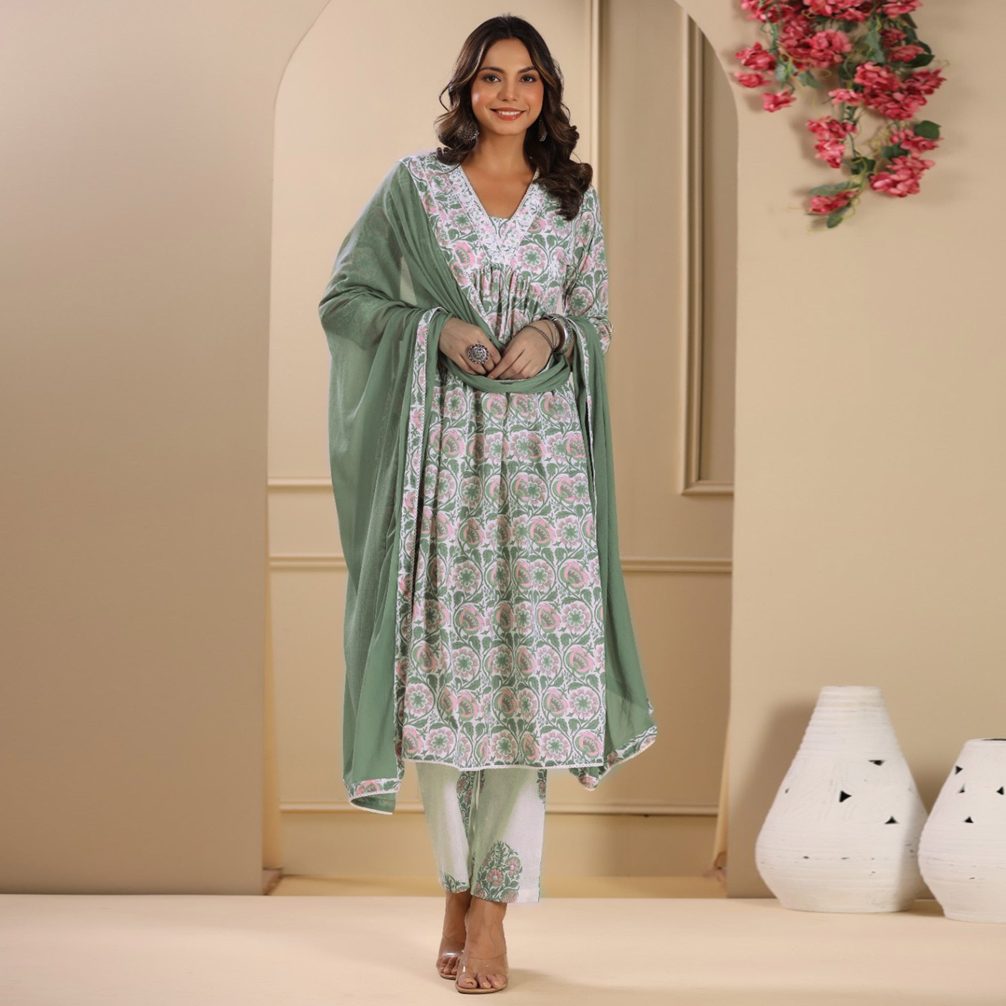 Green Floral Printed Pure Cotton Naira Cut Suit