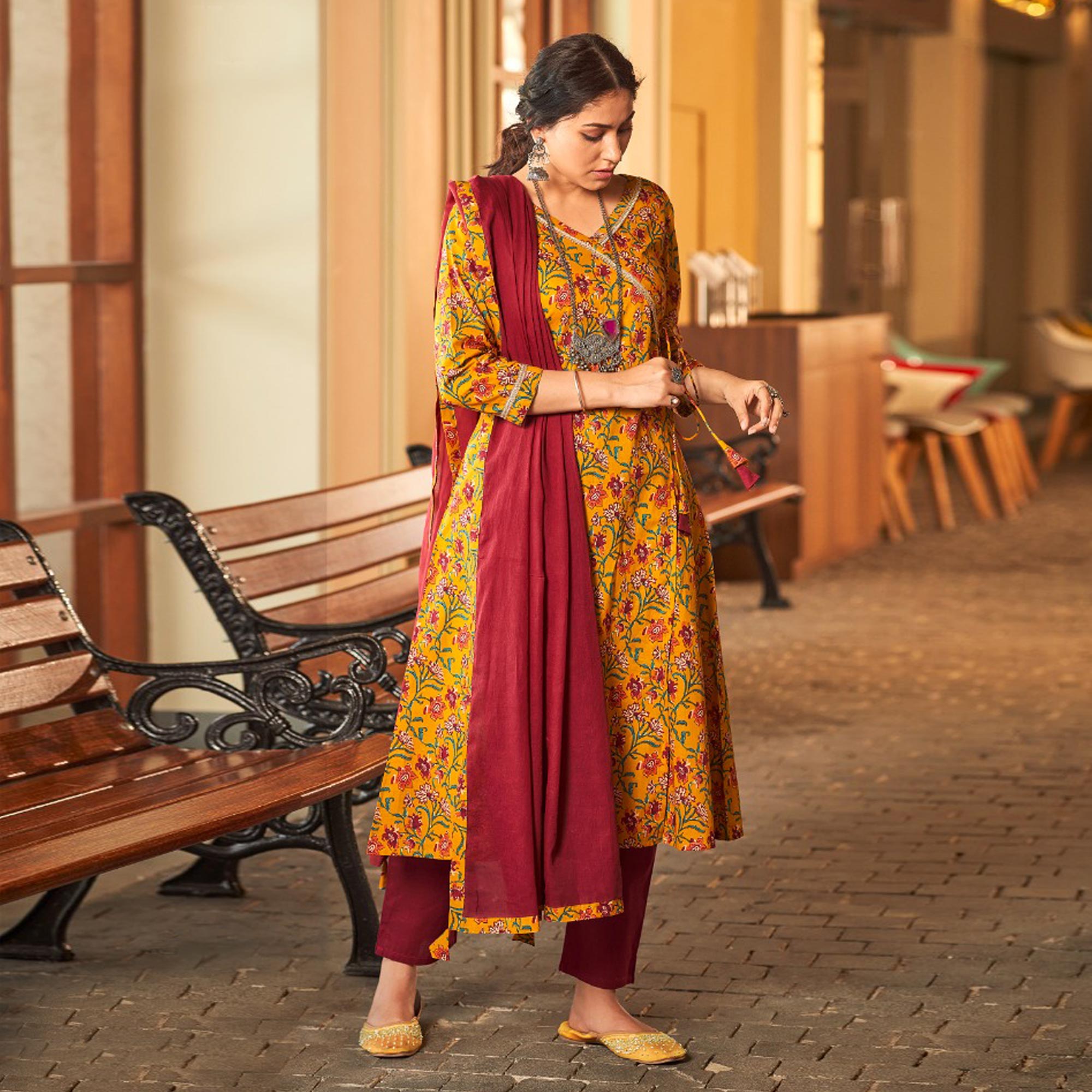 Mustard Floral Printed Pure Cotton Angrakha Style Suit