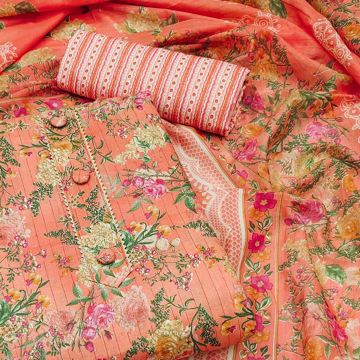 Peach Floral Printed Printed Cotton Blend Dress Material