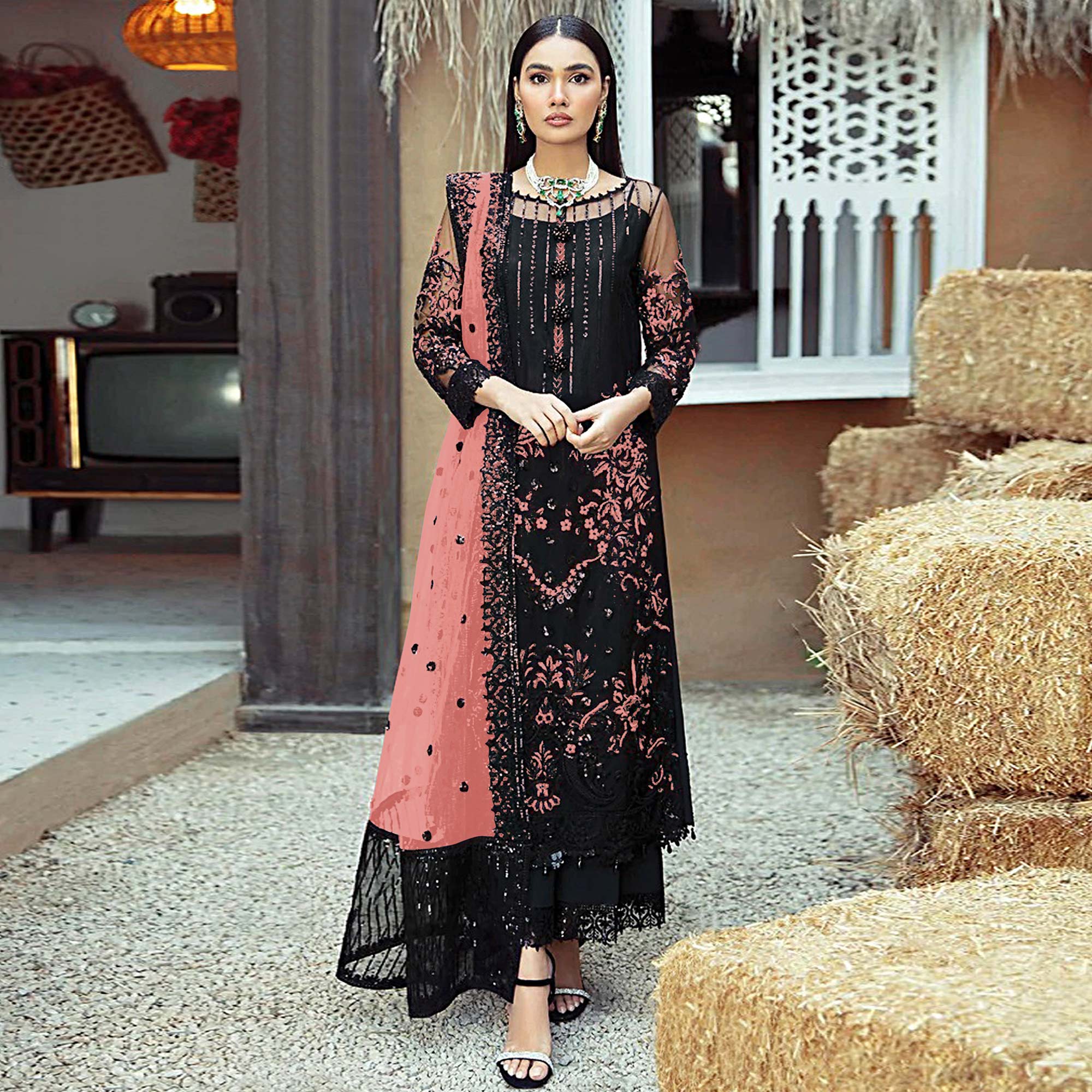 Black Floral Sequins Embroidered Georgette Pakistani Suit