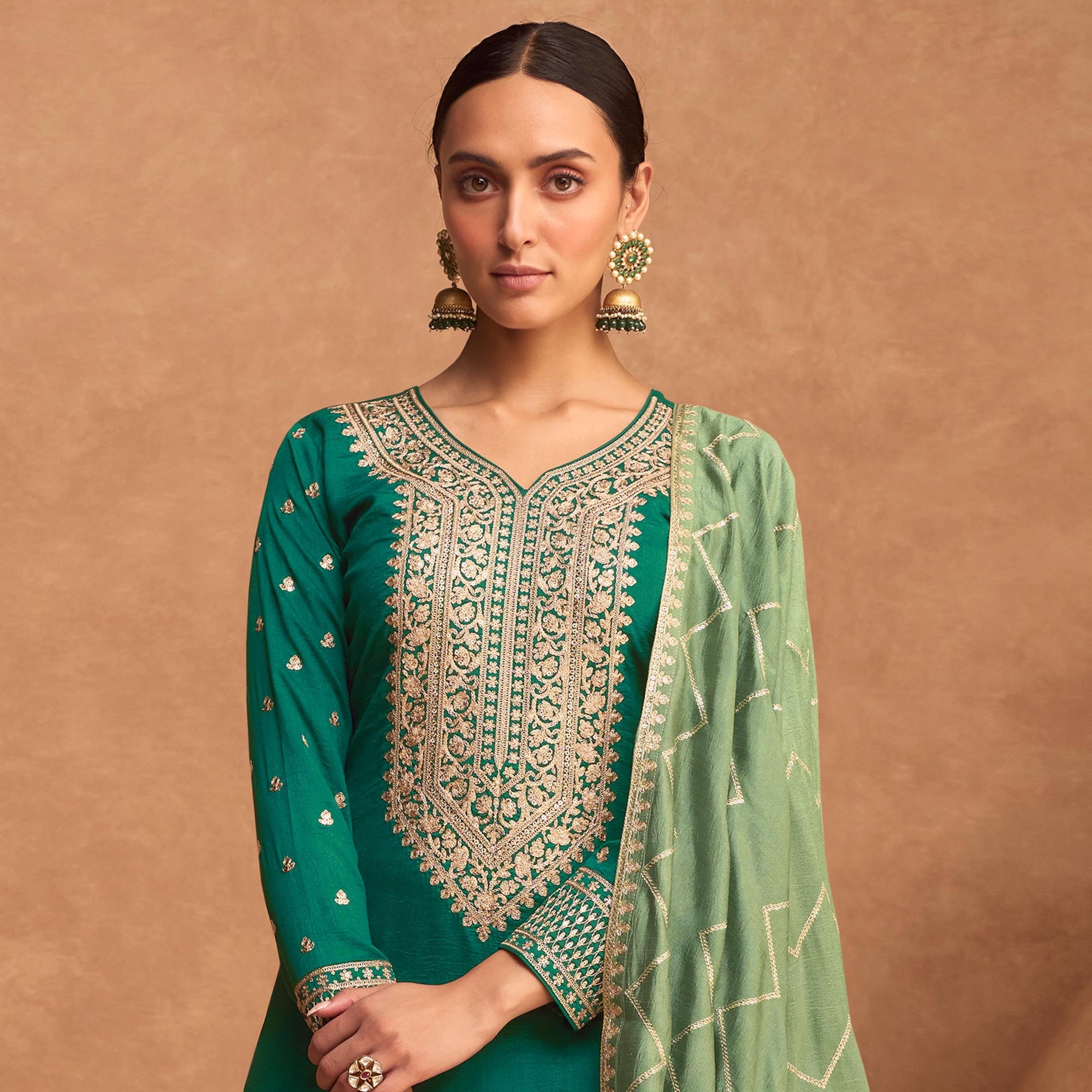 Green Floral Sequins Embroidered Art Silk Semi Stitched Suit