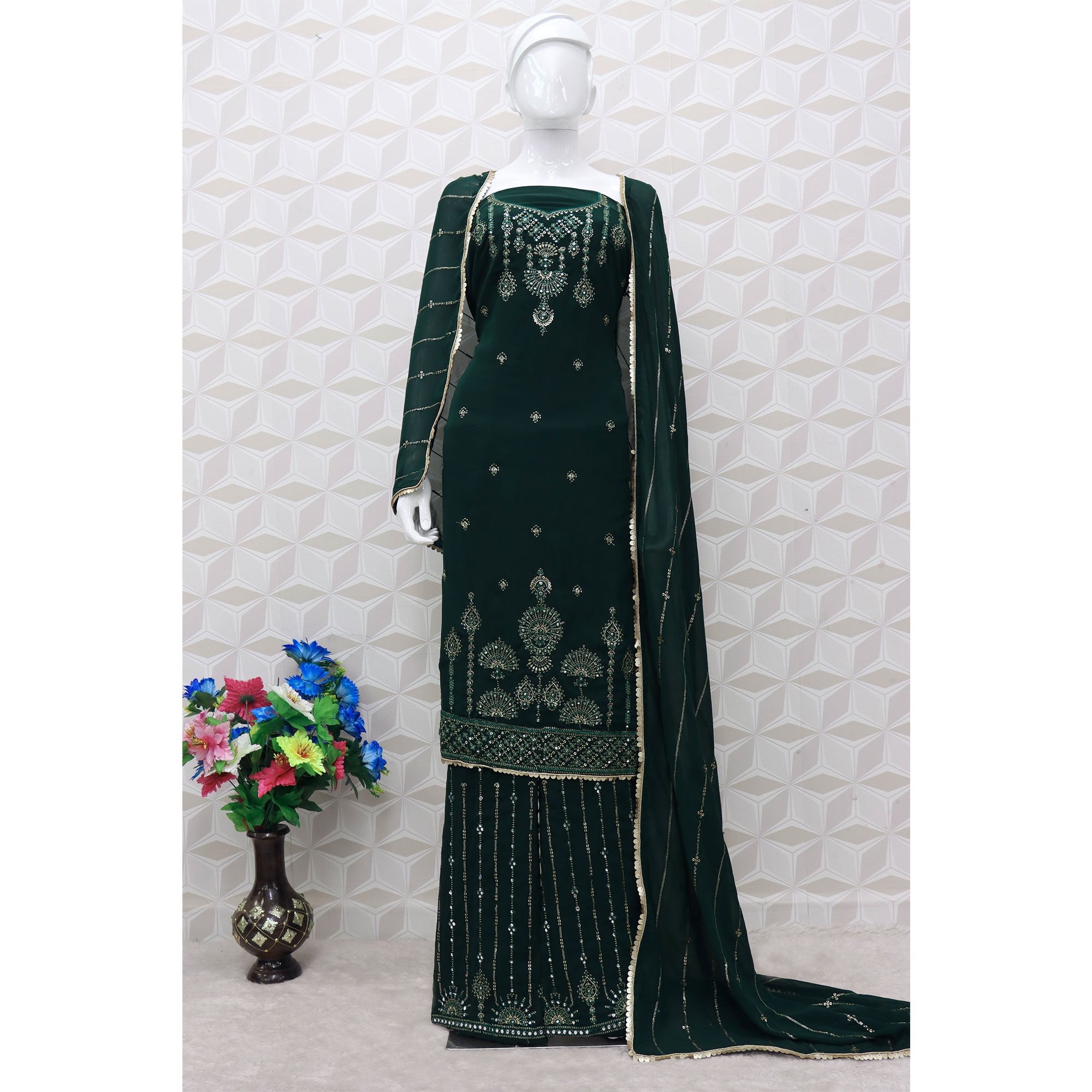 Green Sequins Embroidered Georgette Sharara Suit