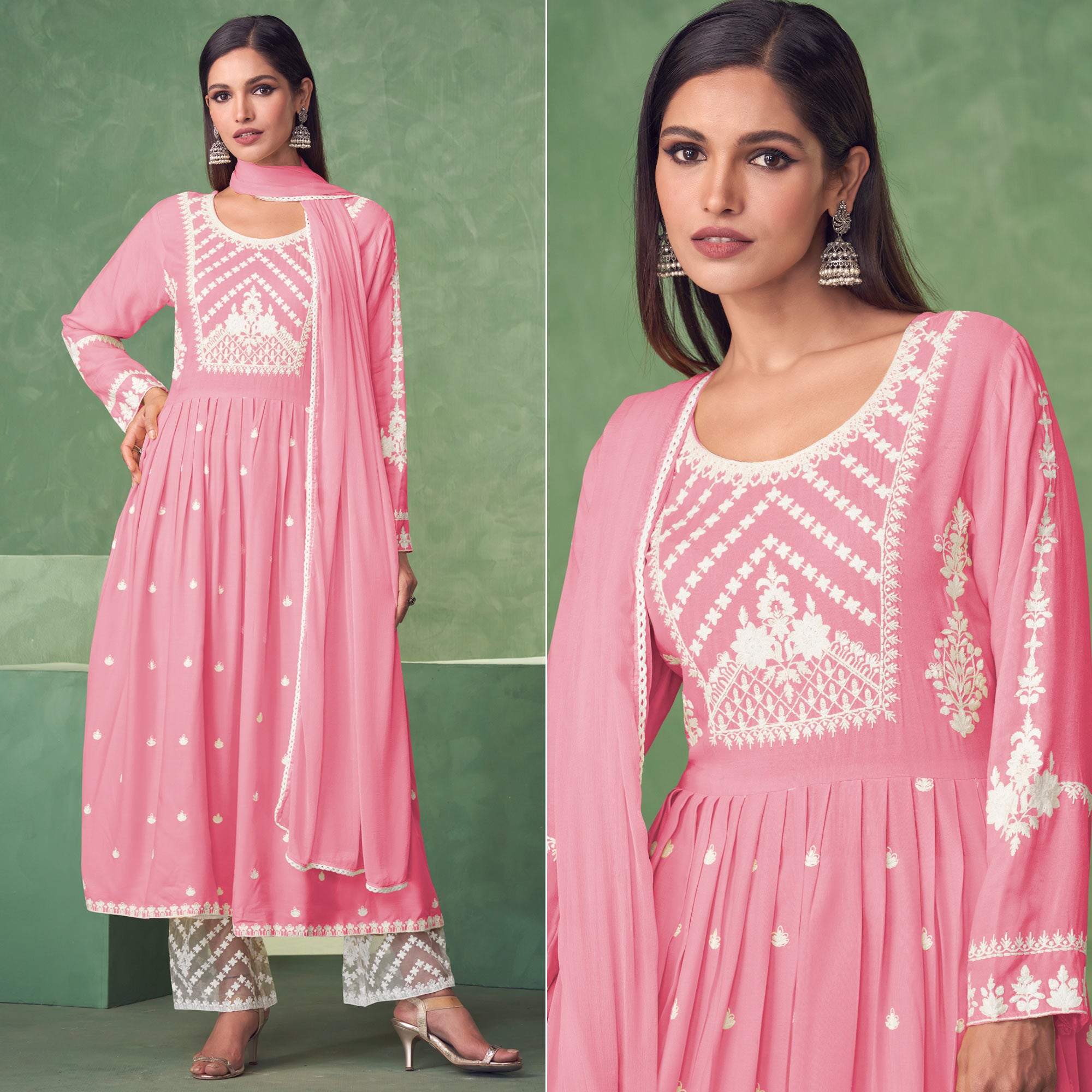 Pink Lucknowi Work Rayon Naira Cut Palazzo Suit