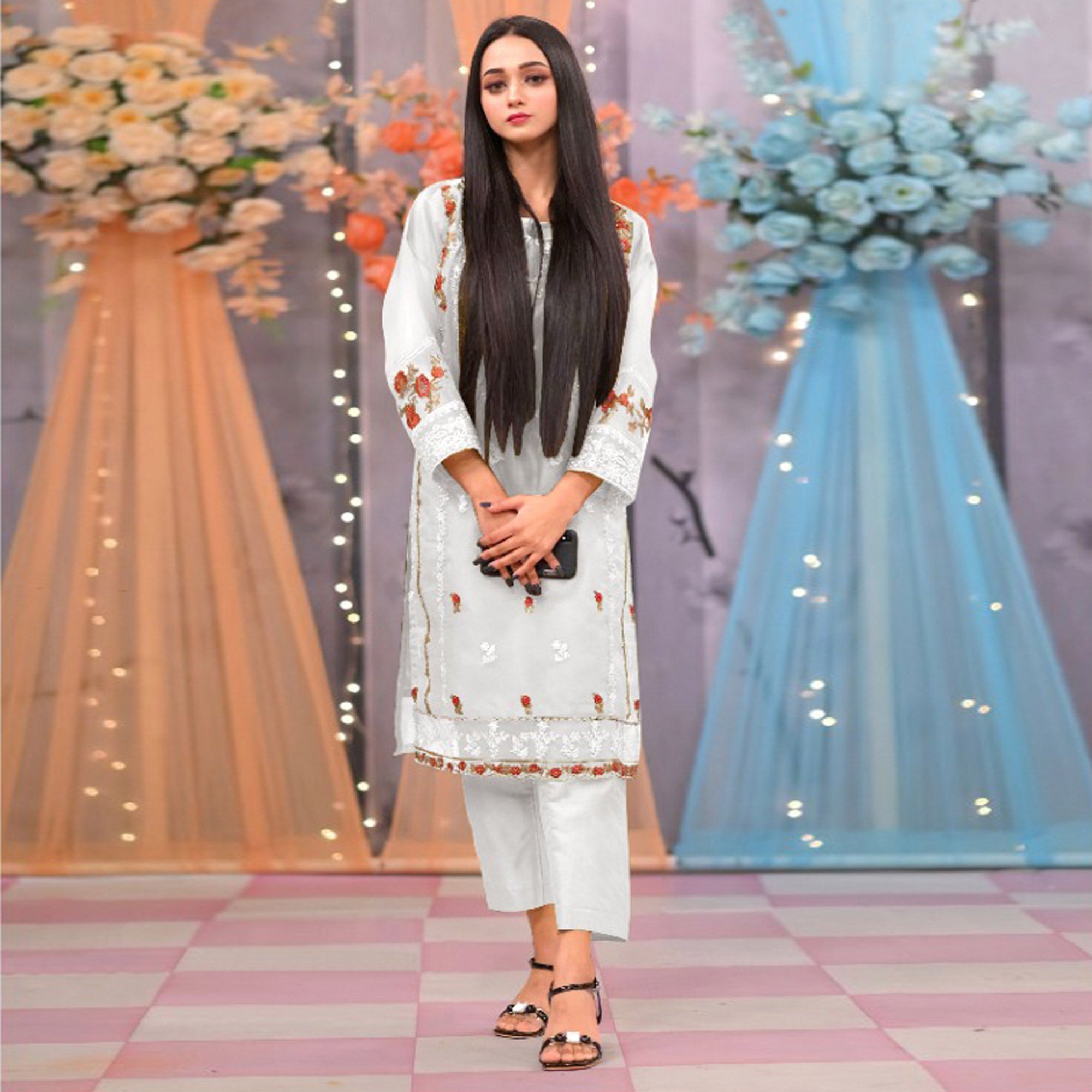 White Sequins Embroidered Organza Pakistani Suit