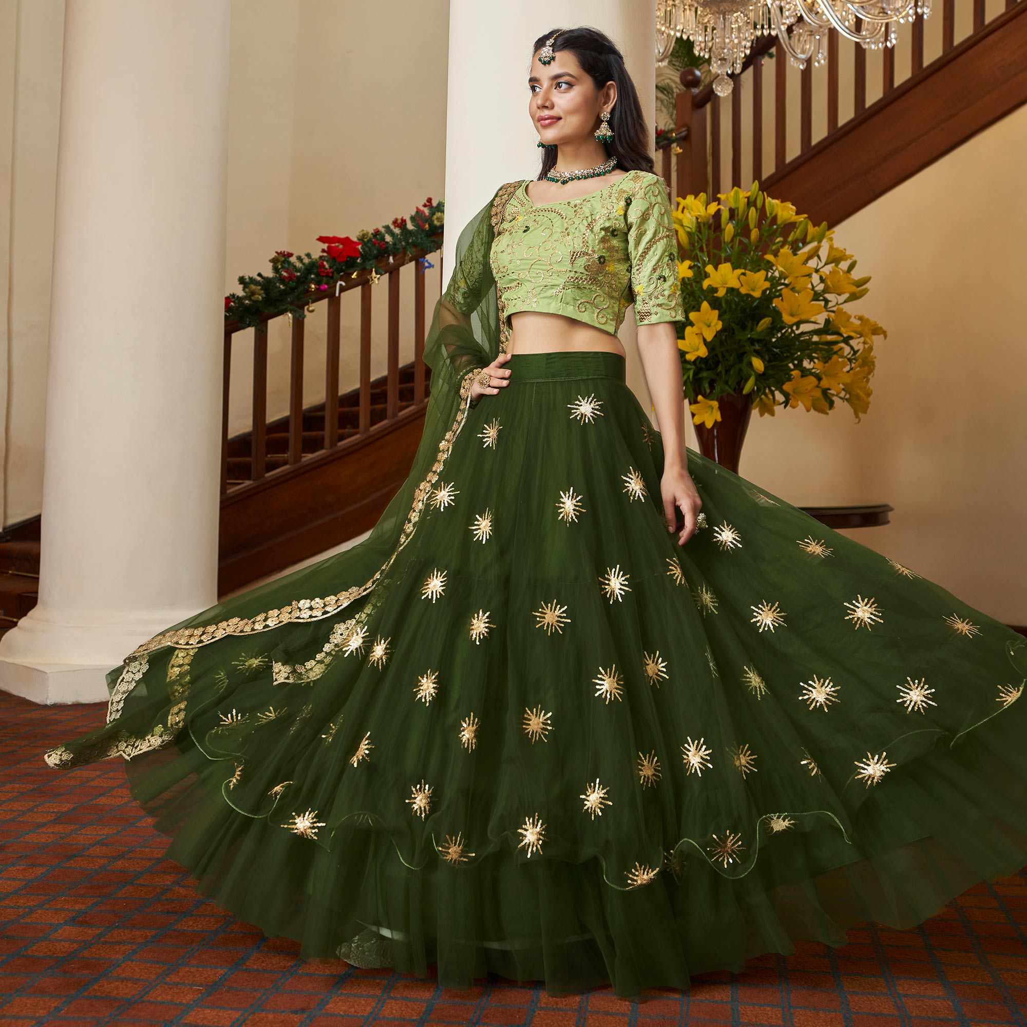 Mehendi Green Sequins Embroidered Netted Lehenga Choli