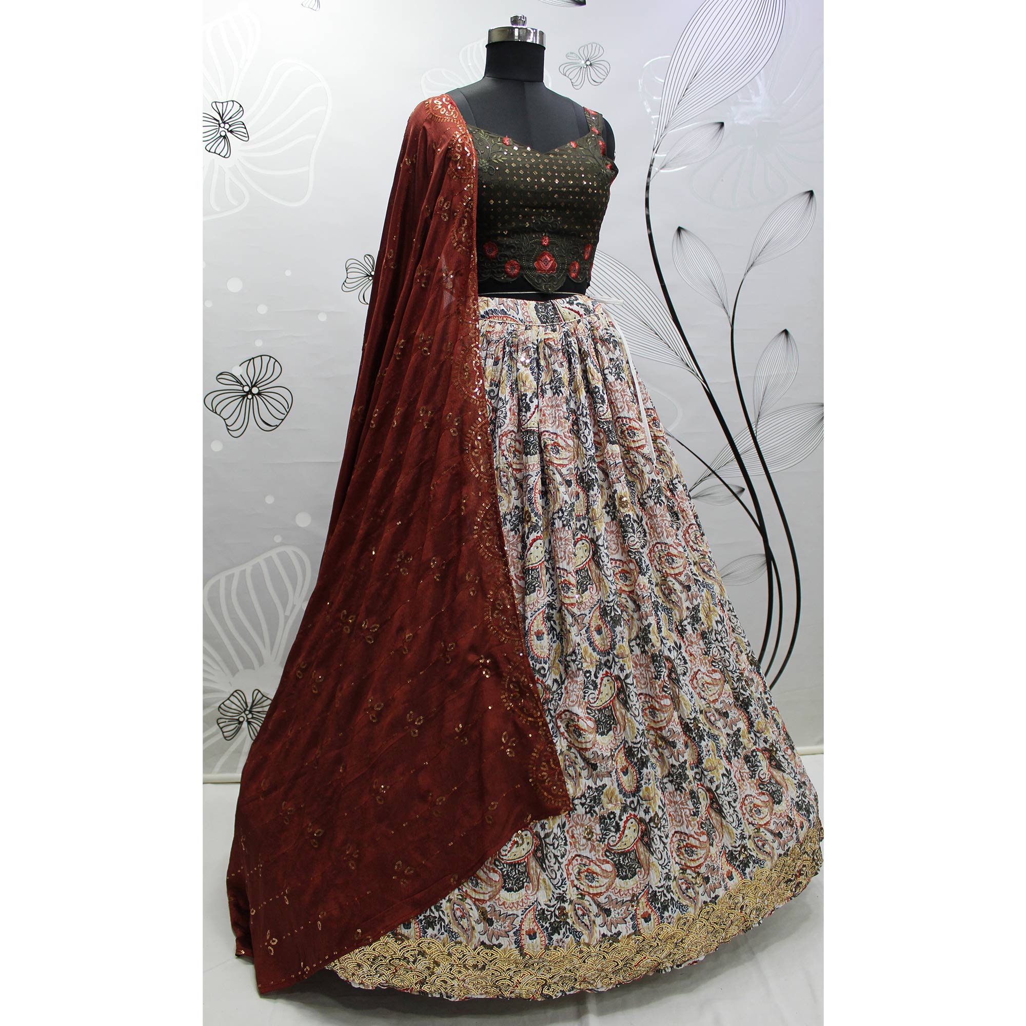 Offwhite Printed Art Silk Lehenga Choli