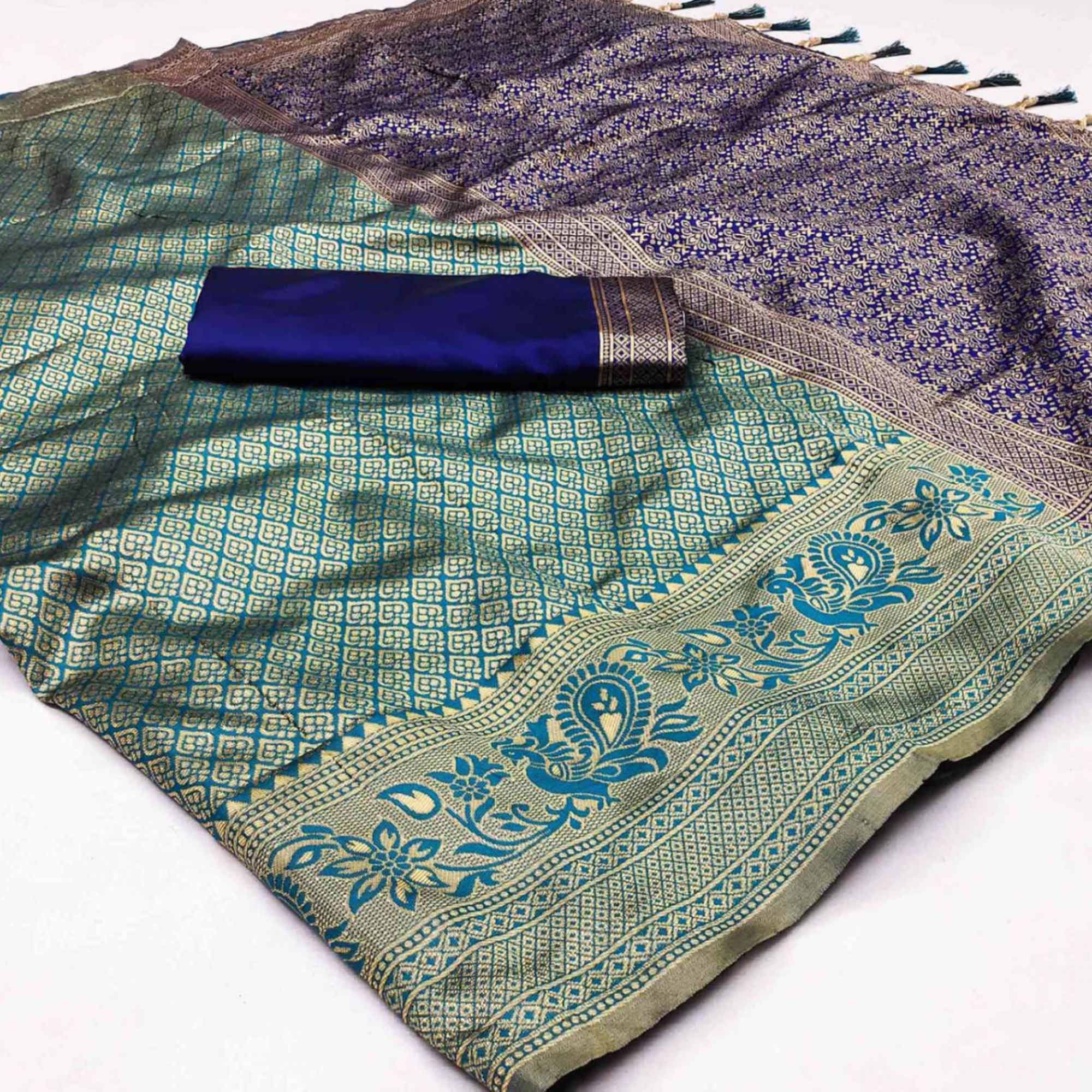 Blue Woven Jacquard Saree With Tassels