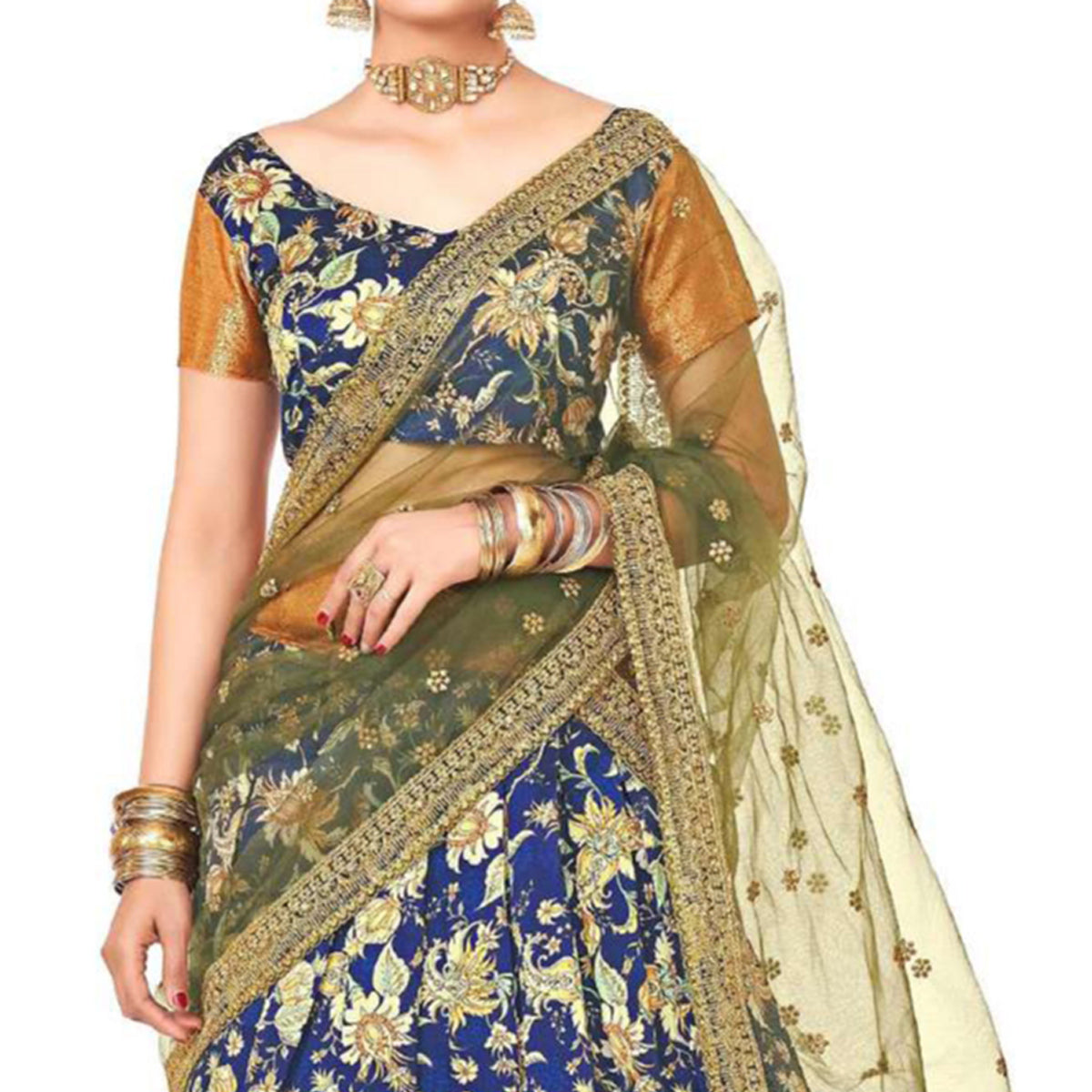 Navy Blue Digital Printed With Zari Work Art Silk Lehenga Choli