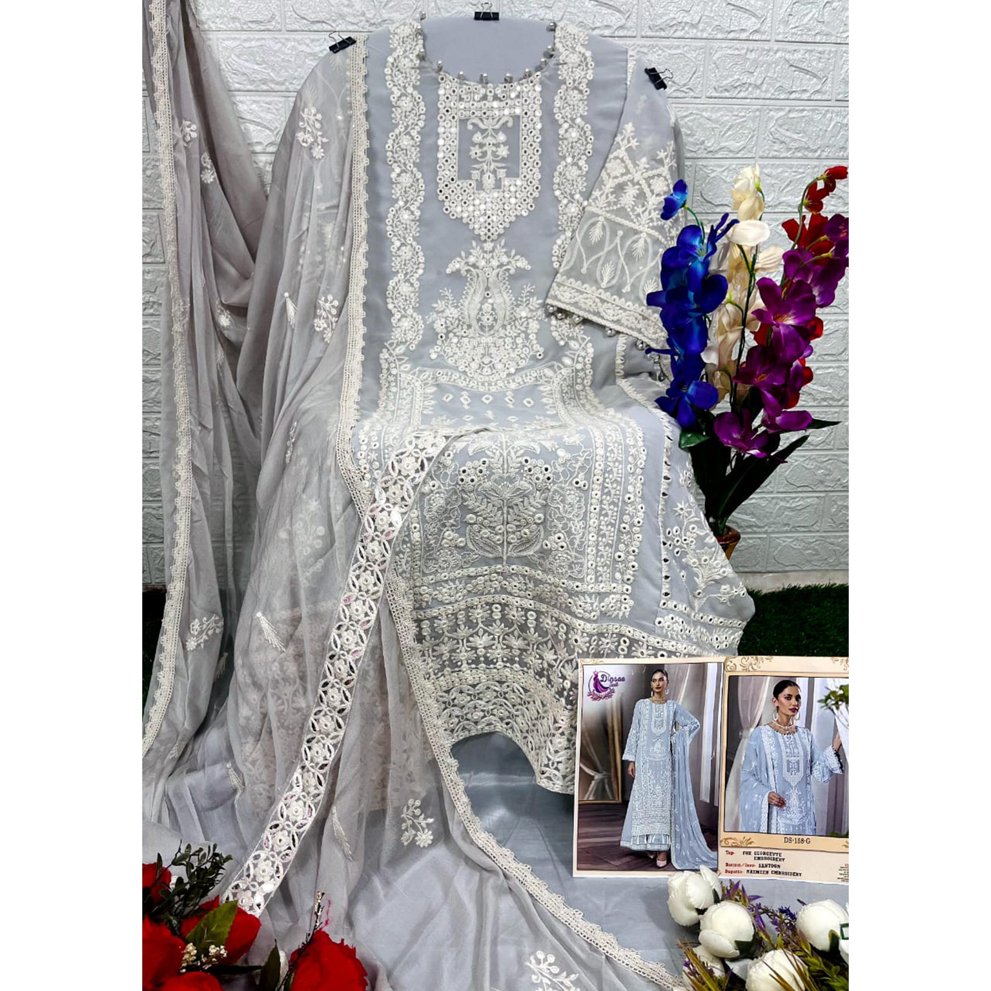 Grey Floral Embroidered Georgette Pakistani Suit