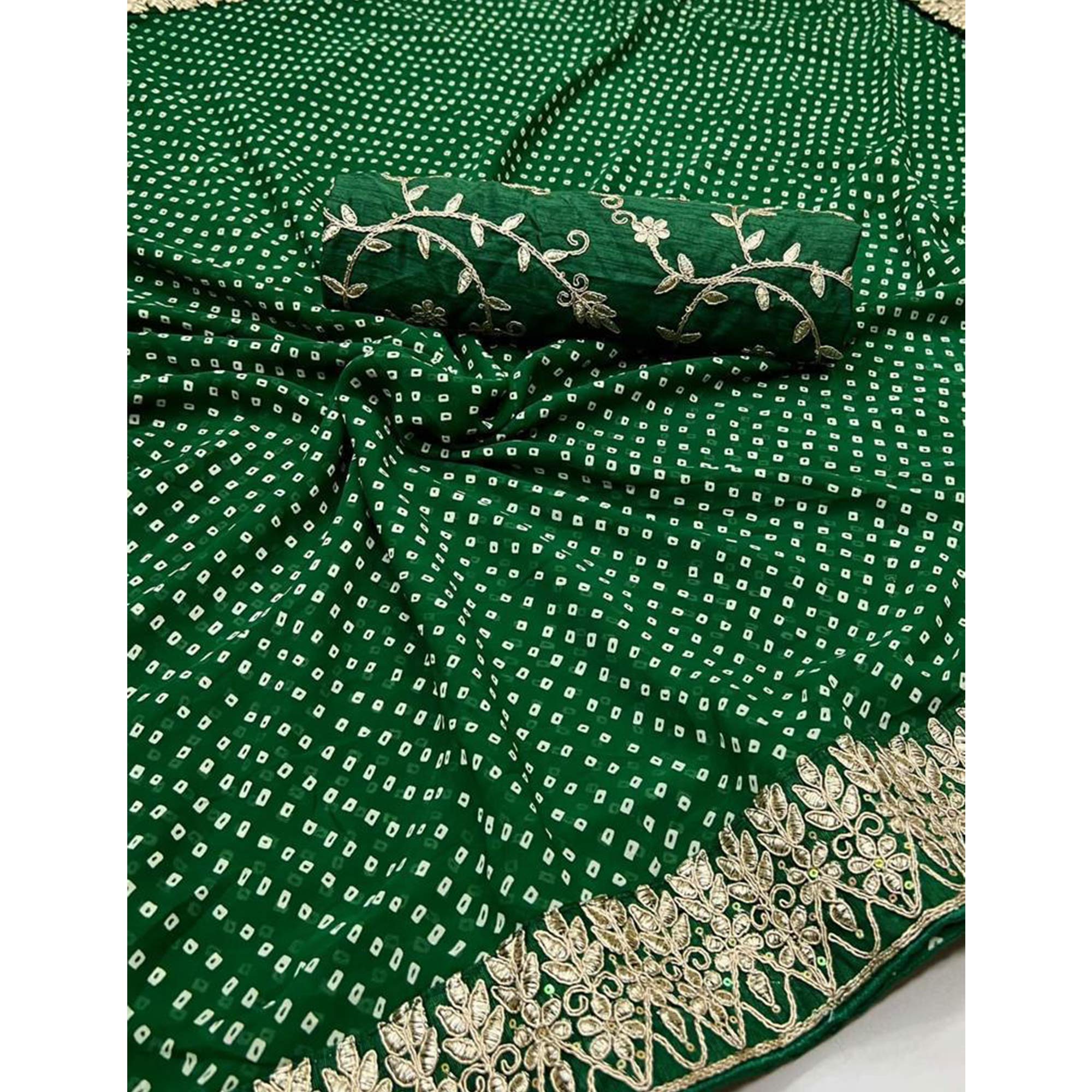 Green Bandhani Printed With Embroidered Border Georgette Saree