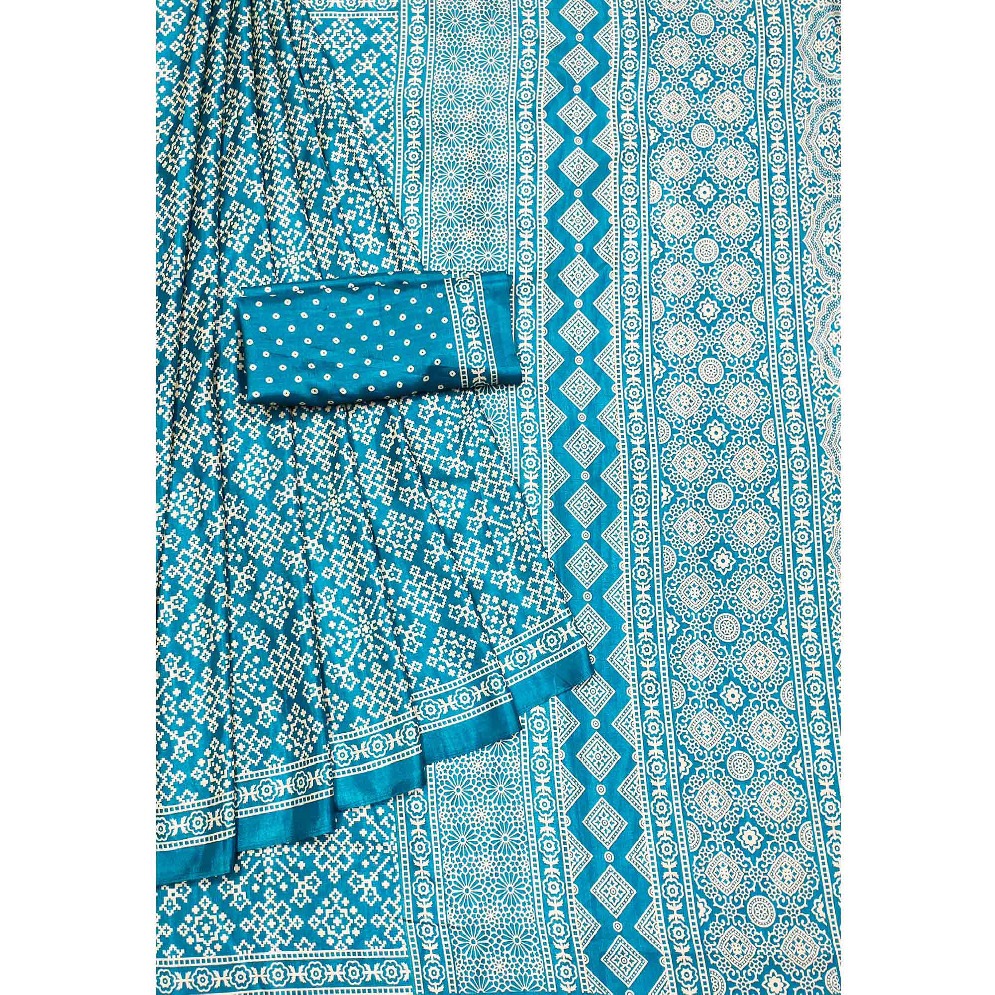 Blue Printed Art Silk Saree