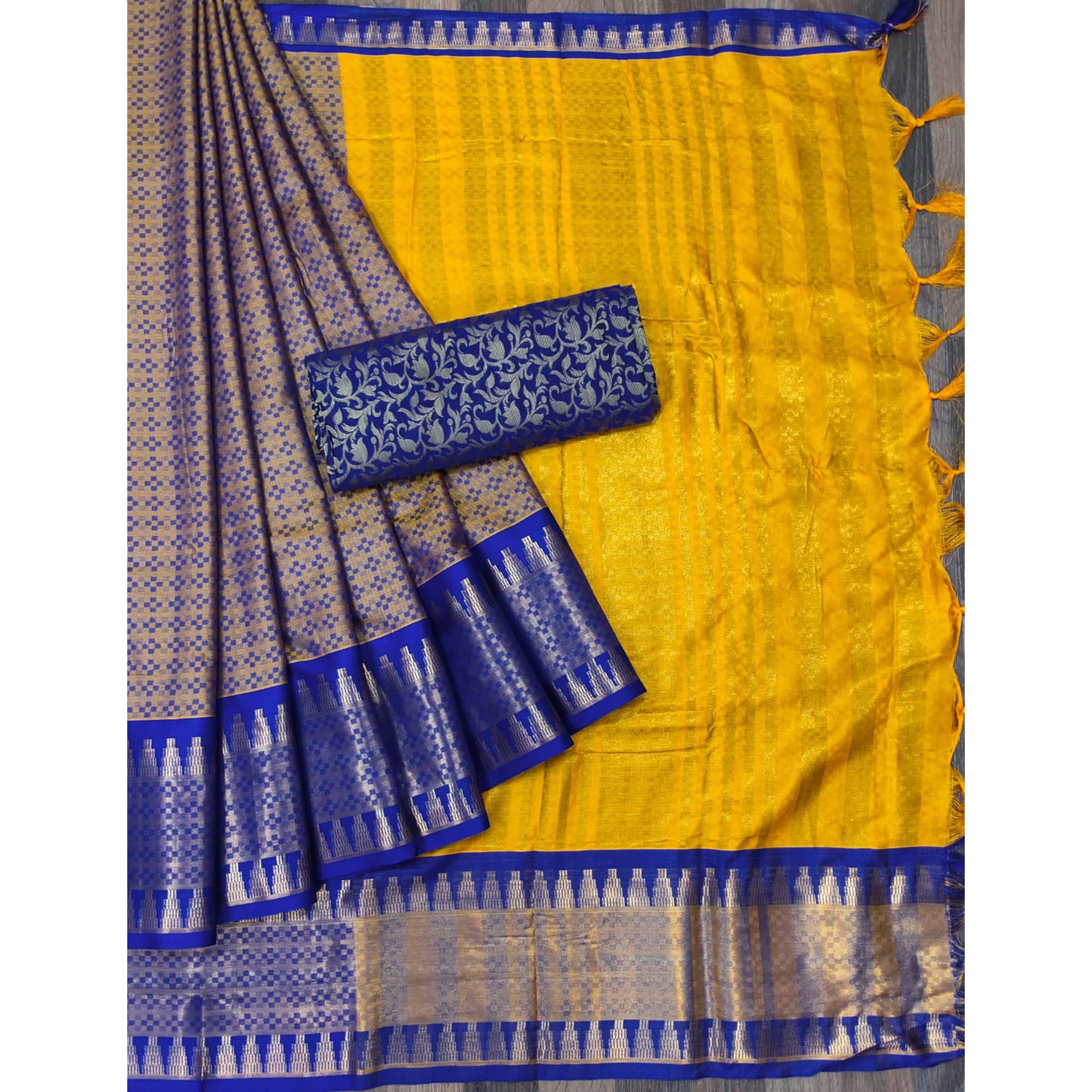 Golden Woven Cotton Silk Saree With Tassels