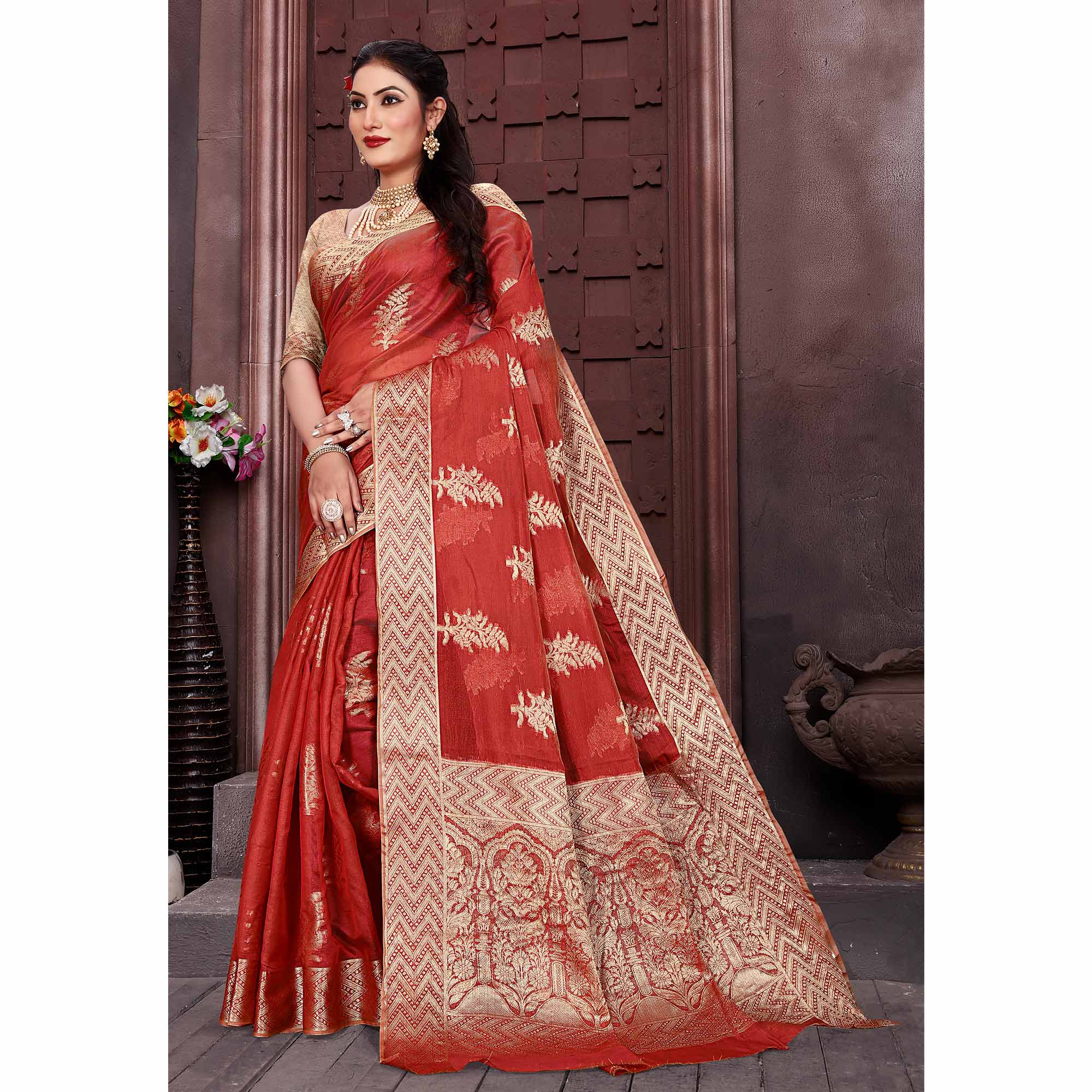Rust Floral Woven Organza Saree